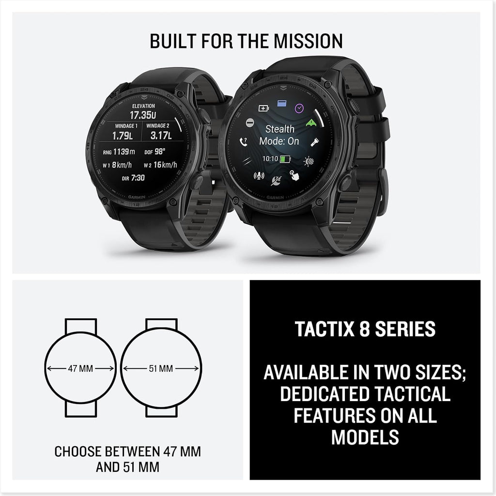 Garmin Tactix 8 51mm AMOLED Display Smart Watch, Built-in Flashlight, 29 Days Battery Life, Premium Tactical GPS Smartwatch, Includes Applied Ballistics Ultralight Solver Bundle with Earbuds and More