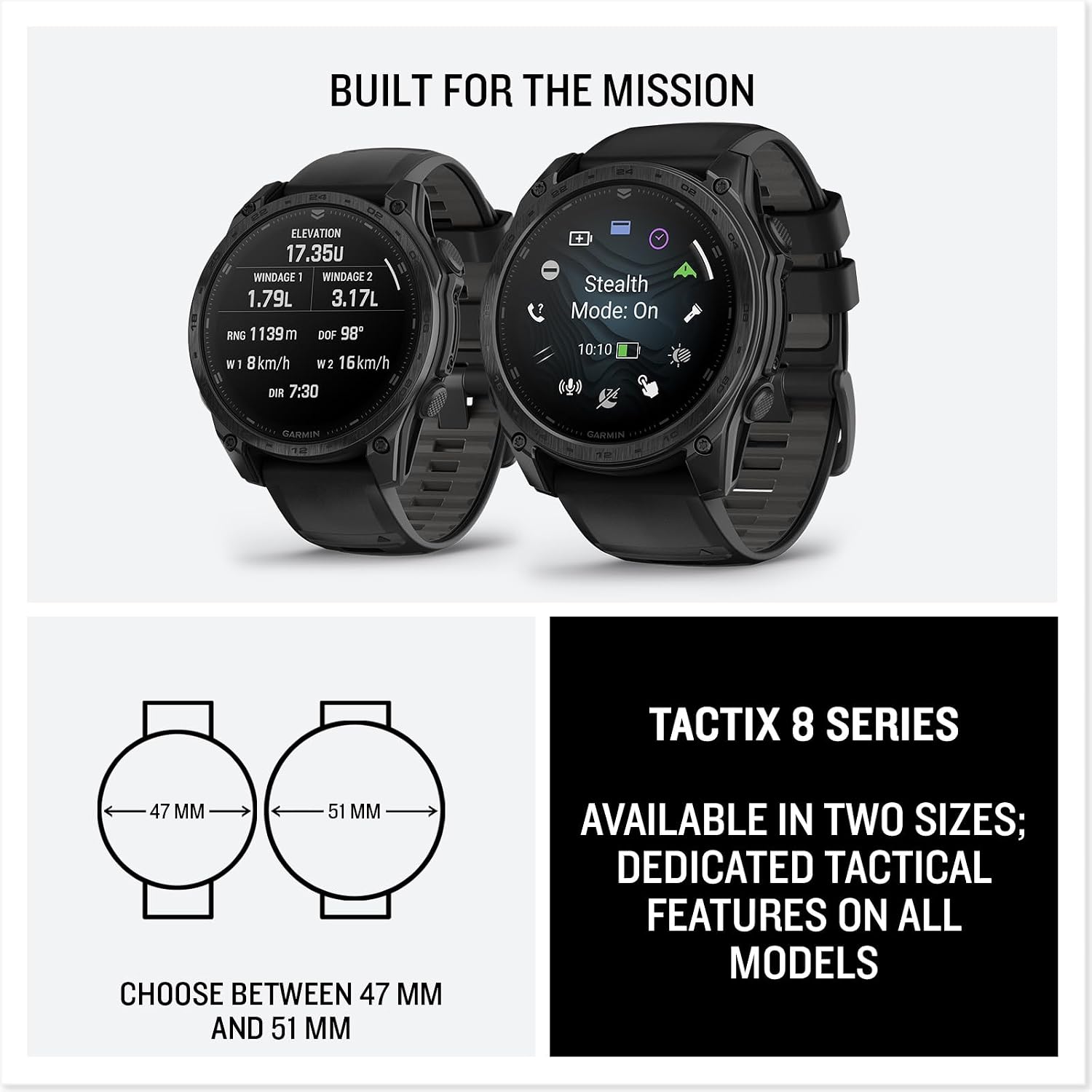 Garmin tactix® 8 47mm, AMOLED Display, Premium Tactical GPS Smartwatch, Includes Applied Ballistics Ultralight™ Solver