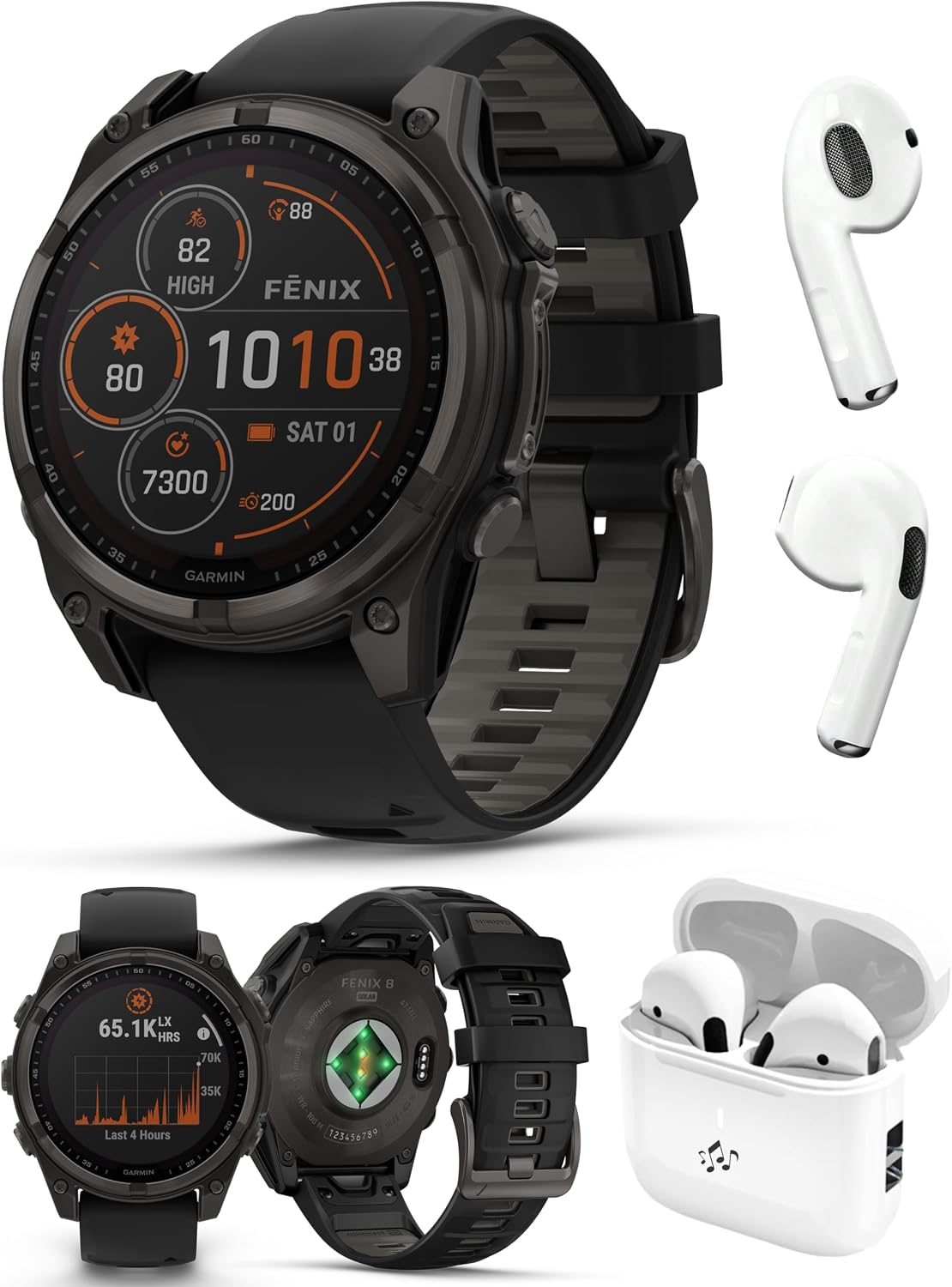 PlayBetter Garmin Fenix 8 Solar Sapphire (47mm, Carbon Gray DLC Titanium) Multisport GPS Smartwatch Bundle - 1.4' Touchscreen, Built-in LED Flashlight Wireless Running Earbuds