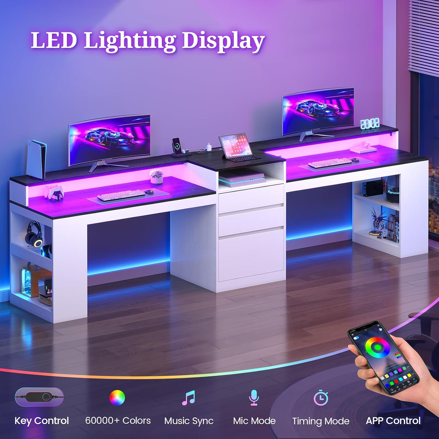 96.6' Long Computer Desk, 2 Person Desk with LED Lights & Power Outlet, Modern Two Person Gaming Desk with File Drawers, Monitor Stand, Printer Shelf ＆ Storage, Double Table for Home Office White