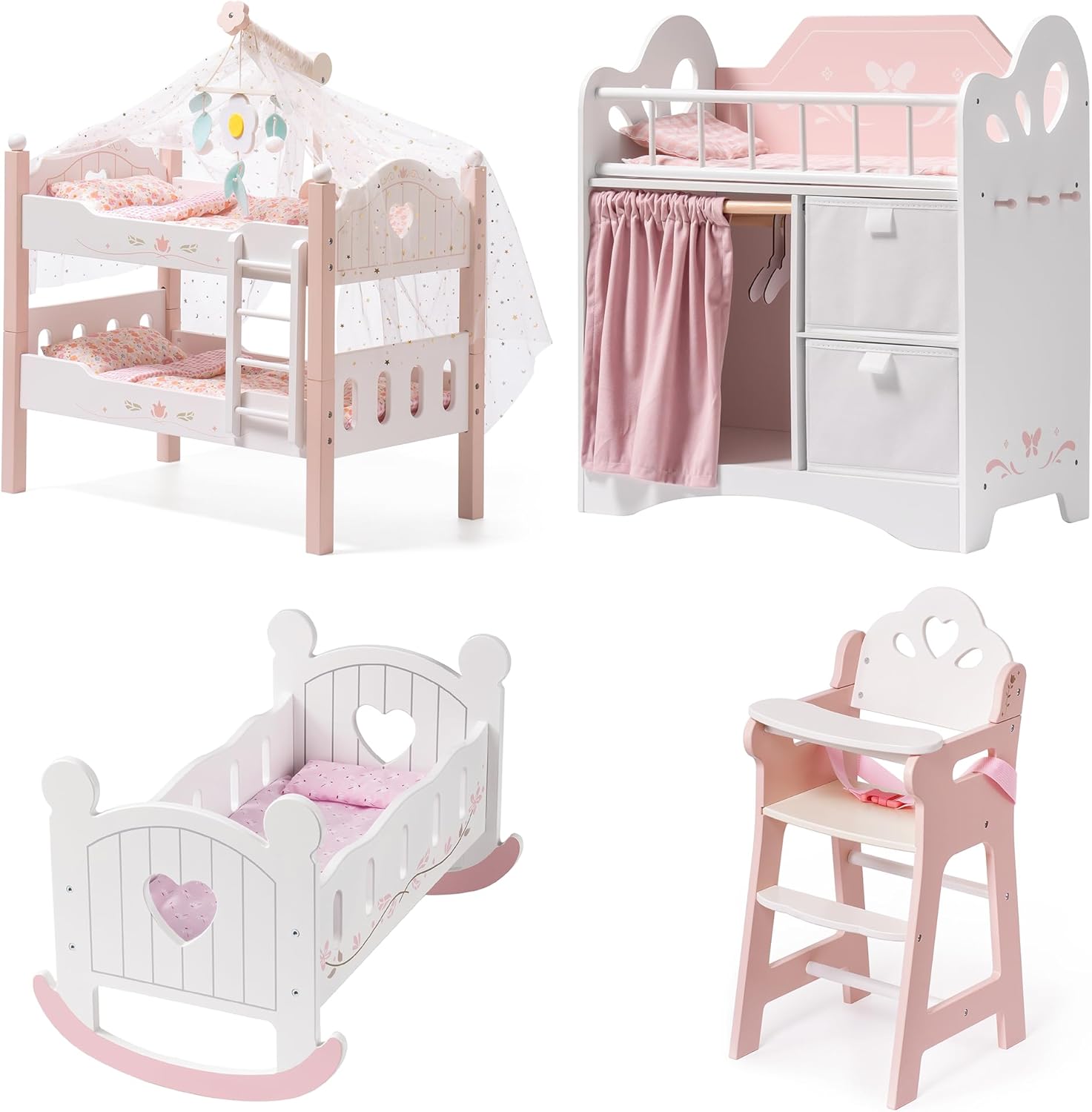 ROBOTIME 4-in-1 Wooden Baby Doll Furniture Set - Includes Doll Crib with Storage, High Chair, Rocking Bassinet, and Stackable Bunk Bed - Fits Dolls up to 21 Inches - Pretend Play Gift for Girls Ages 3