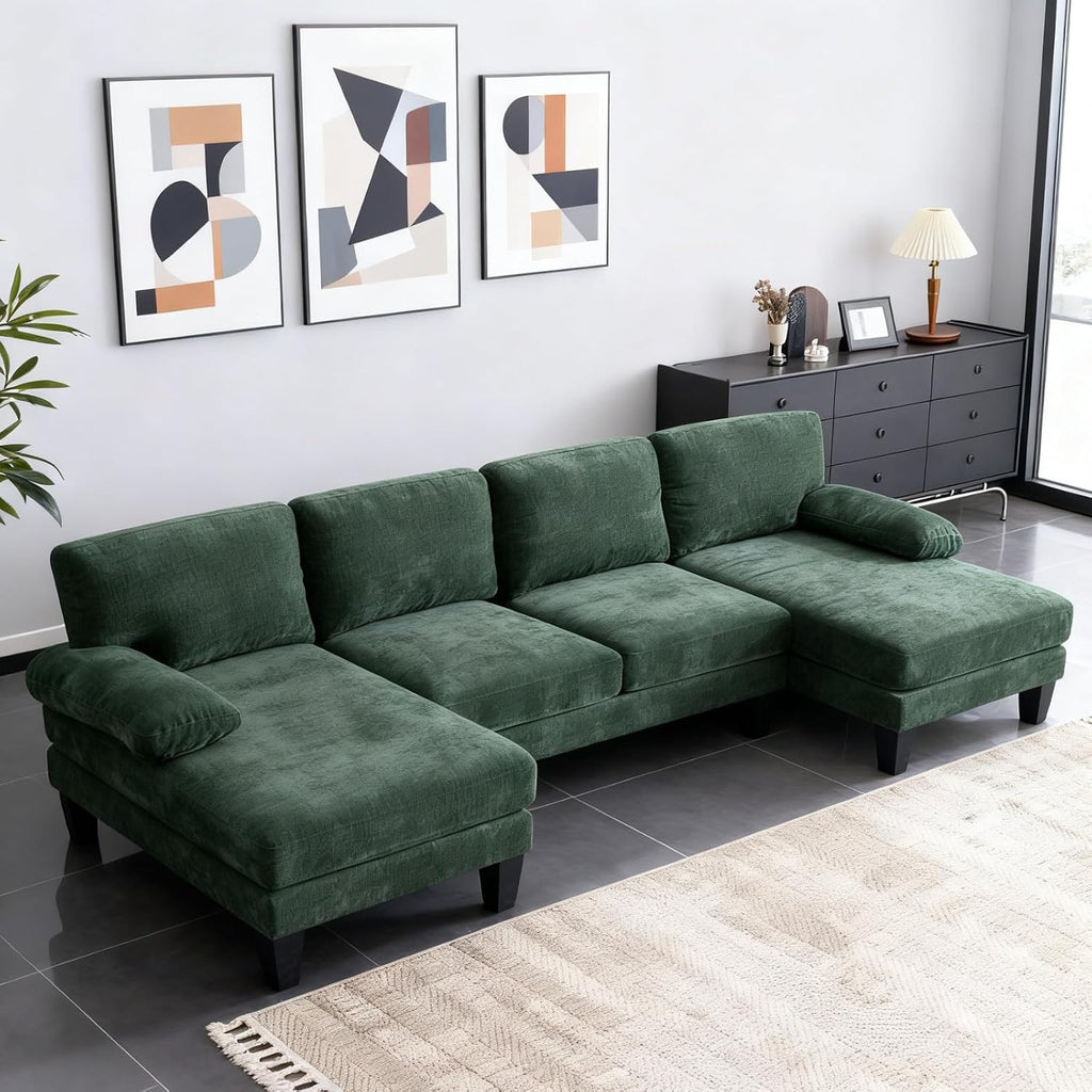 Karl home 111' Sectional Sofa U-Shaped 4-Seat Couch with Chaises Wood Grian Legs Chenille Fabric Upholstered for Living Room, Apartment, Office, Green