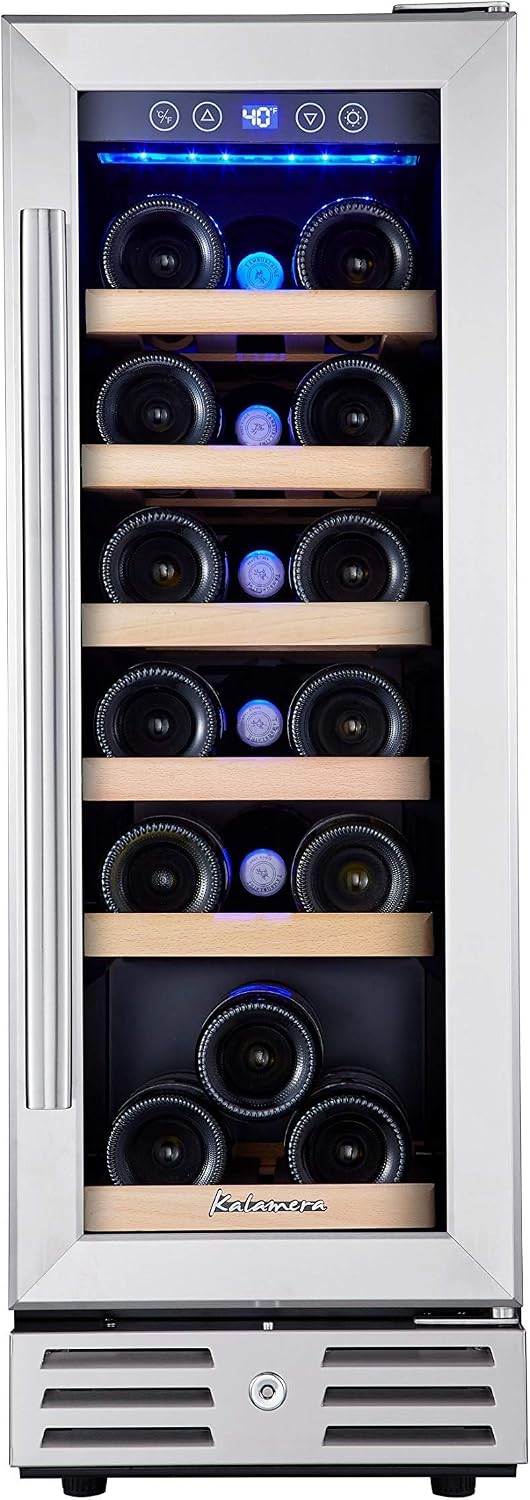 Kalamera Mini Fridge 18 Bottle - 12 inch Wine Cooler Refrigerator, Built-in or Freestanding, with Stainless Steel & Double-Layer Tempered Glass Door, and Temperature Memory Function Wine Fridge