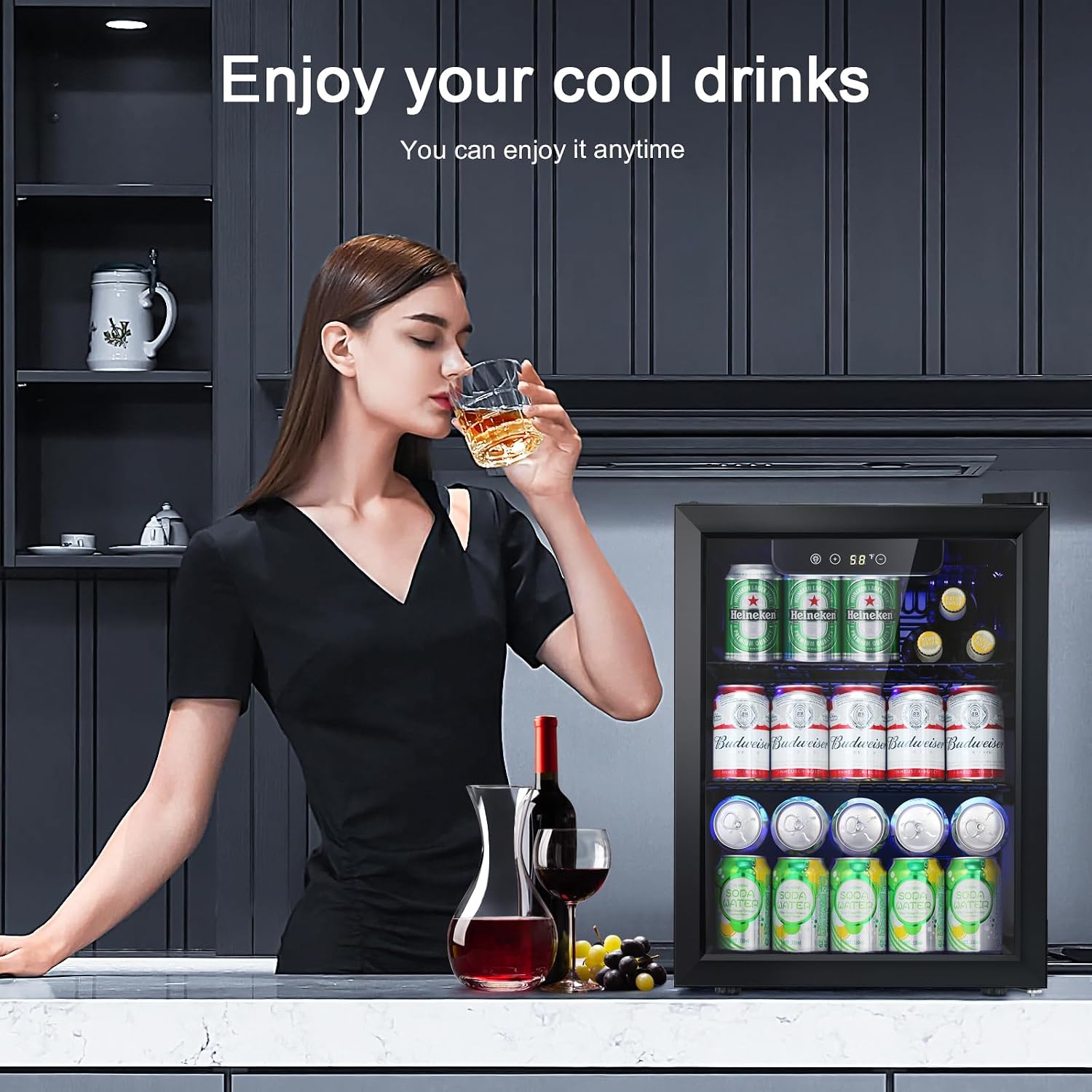 Antarctic Star 1.7 cu.ft.Beverage Refrigerator Small Mini Fridge 68 Can,with Glass Door Freestanding Small Fridge with Electronic Temperature Control for Home Bar,black