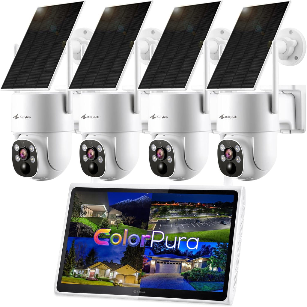 Kittyhok Outdoor Solar Security Camera System Wireless | 4pcs 2K Solar PTZ Security Camera, Pro Color Night Vision, Human Detection, 360 Viewing | 10CH NVR with 10'' HD Monitor, 60 Days Local Storage