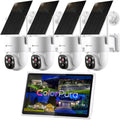Kittyhok Outdoor Solar Security Camera System Wireless | 4pcs 2K Solar PTZ Security Camera, Pro Color Night Vision, Human Detection, 360 Viewing | 10CH NVR with 10'' HD Monitor, 60 Days Local Storage