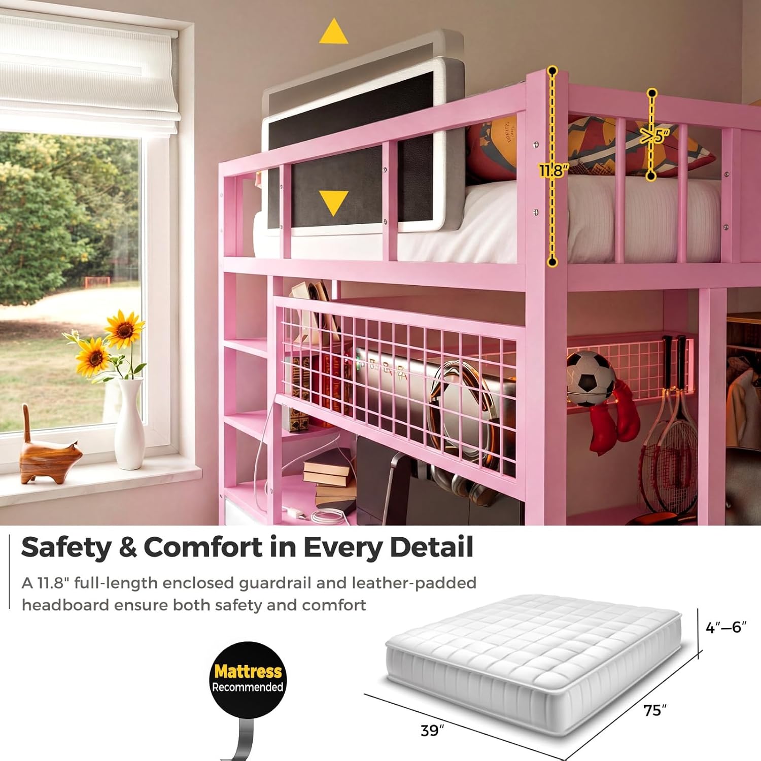 Kikihouse Twin Size Loft Bed with Desk and Stairs, Headboard, Wardrobe, Bedside Storage Shelf, 6 Drawers, Charging Station & LED Light, Metal Gaming Loft Bed Frame for Adult Space-Saving