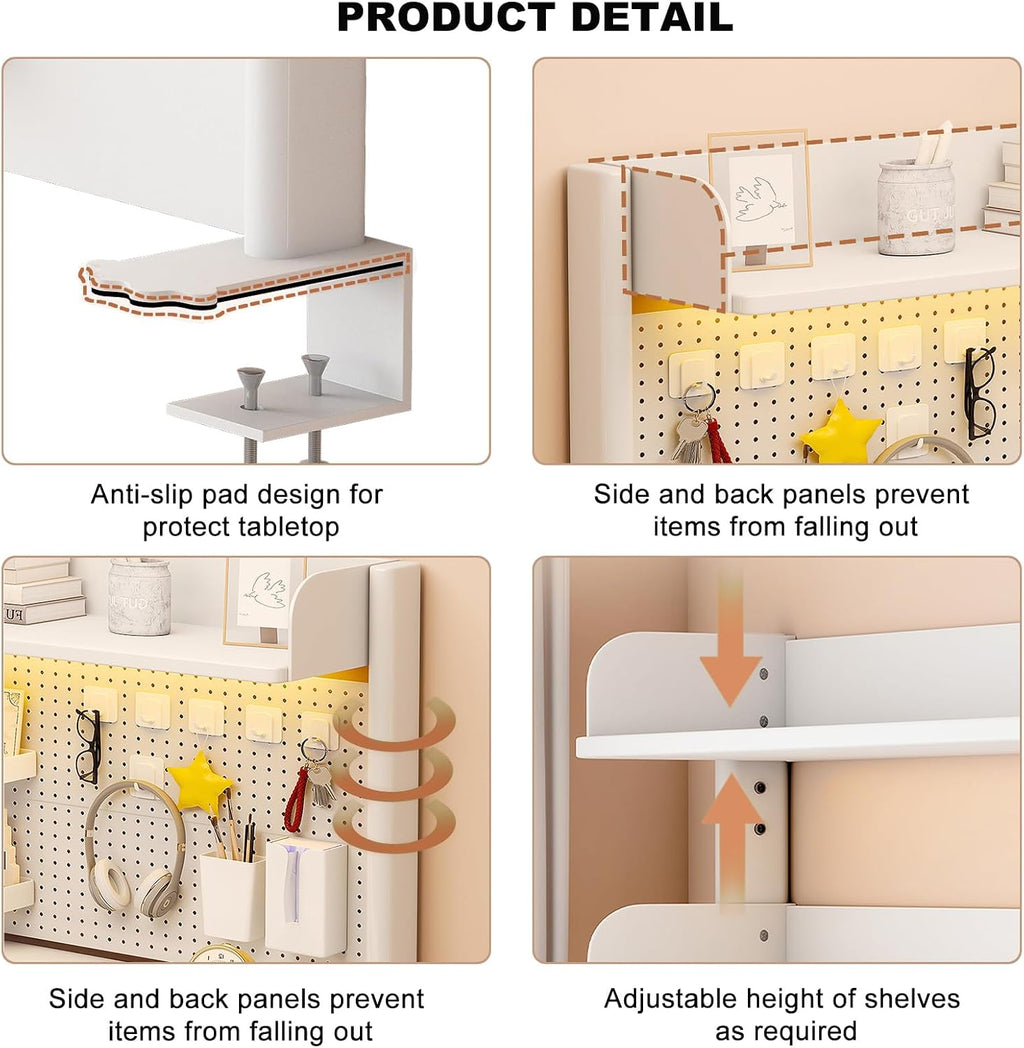 Clamp on Desk Shelf with Pegboard, Desktop Organization Bookshelf Storage Shelves for Home Office Dorm Gaming Desk, Space Saving Tabletop Display Rack