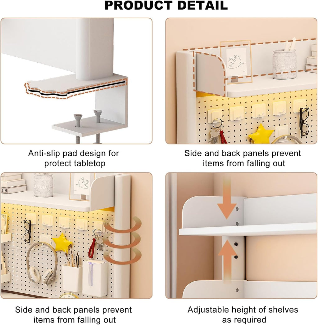 Clamp on Desk Shelf with Pegboard, Desktop Organization Bookshelf Storage Shelves for Home Office Dorm Gaming Desk, Space Saving Tabletop Display Rack