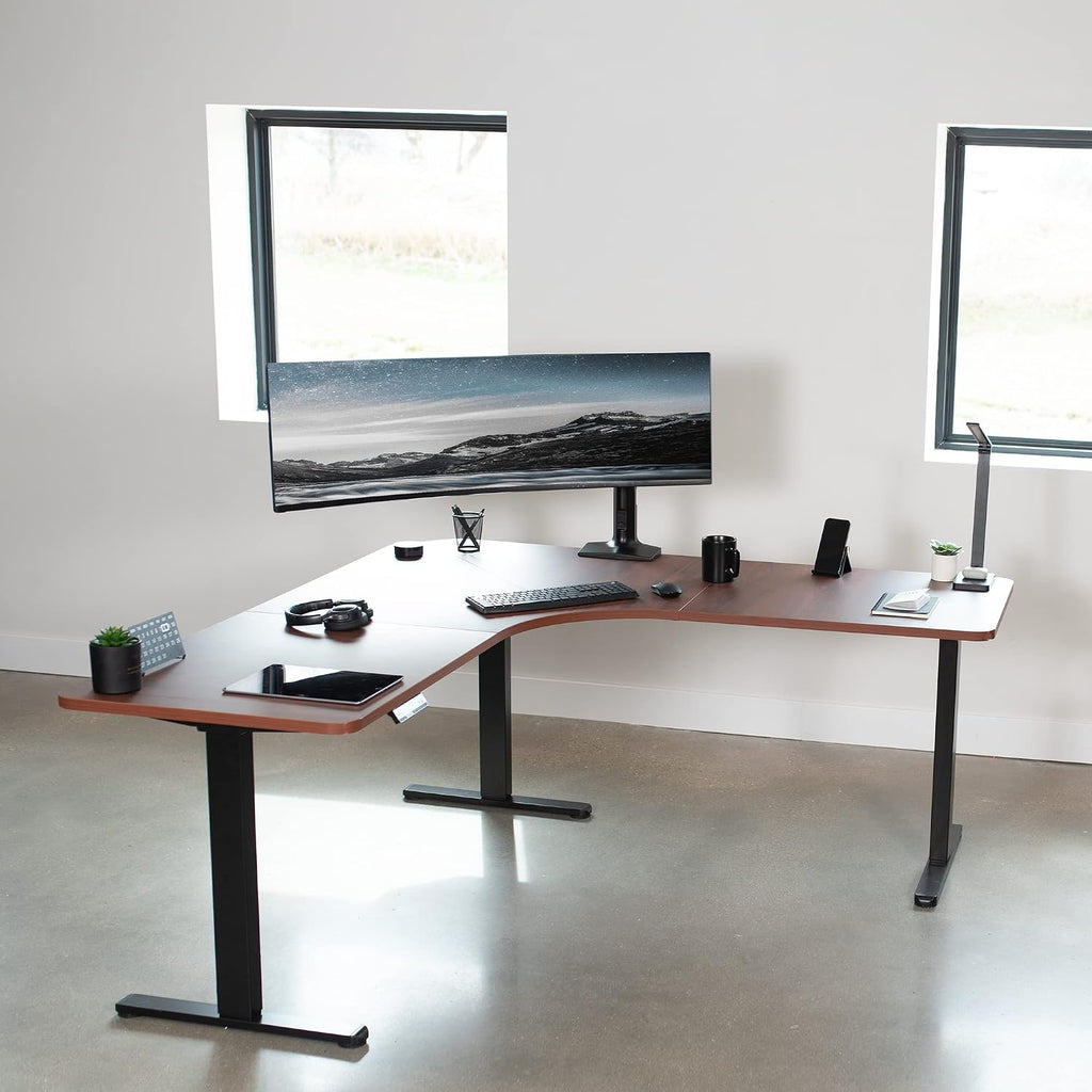 VIVO Universal 71 x 71 inch Curved Corner Table Top for L-Shape Sit to Stand Height Adjustable Home and Office 3-Leg Desk Frames, Dark Walnut Desktop, DESK-TOP2CD
