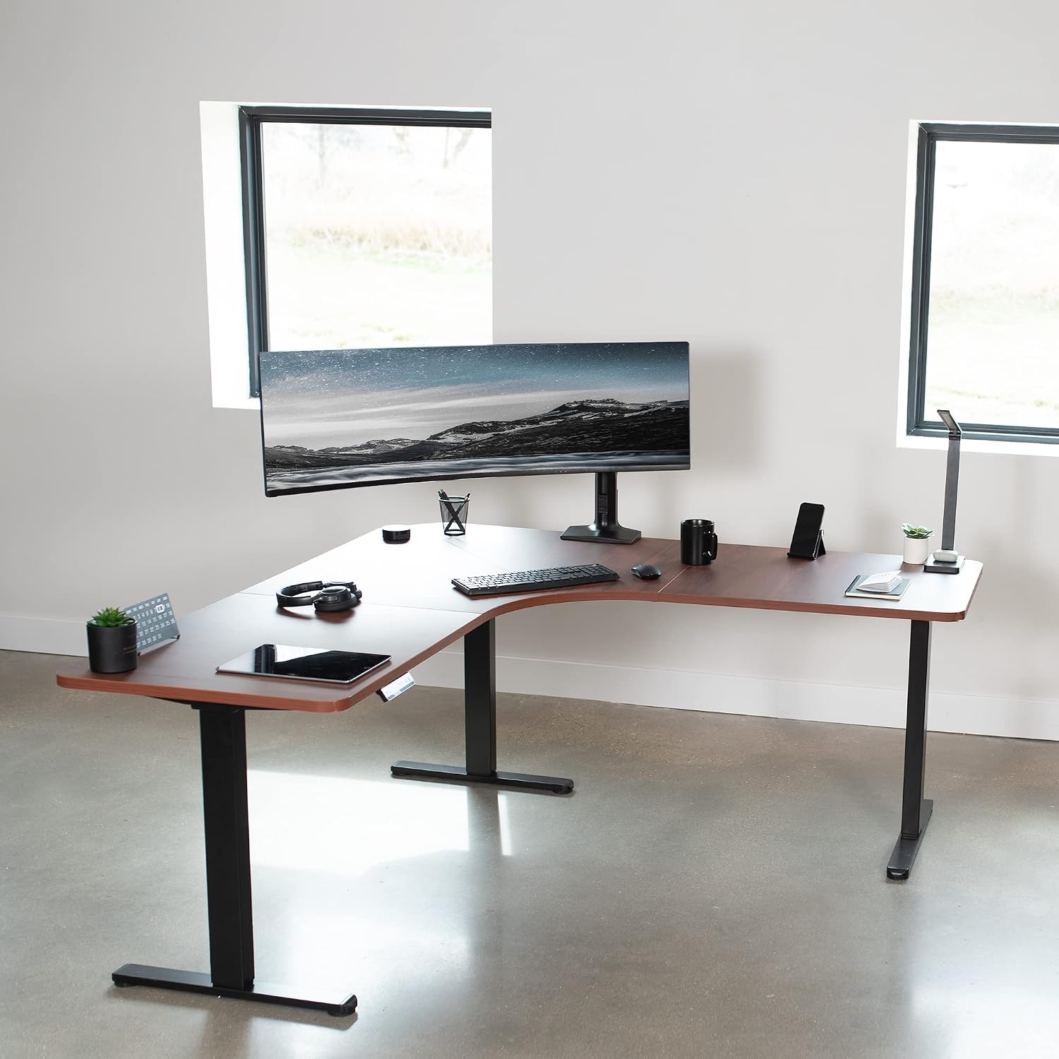 VIVO Universal 71 x 71 inch Curved Corner Table Top for L-Shape Sit to Stand Height Adjustable Home and Office 3-Leg Desk Frames, Dark Walnut Desktop, DESK-TOP2CD