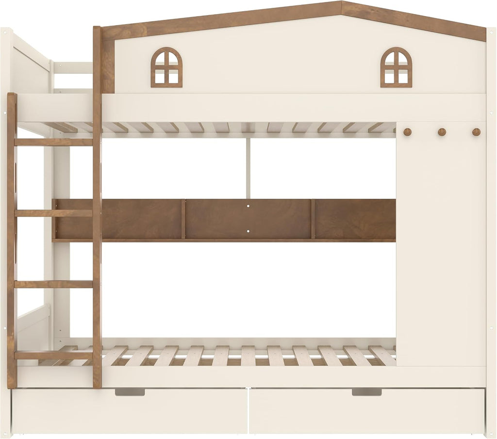 Queen Over Queen Bunk Bed with Storage Drawers, Hooks and Storage Shelves, Solid Wood Bunk Beds for Kids Teens, Bedroom Space-Saving Furniture (Beige+Natural/D)