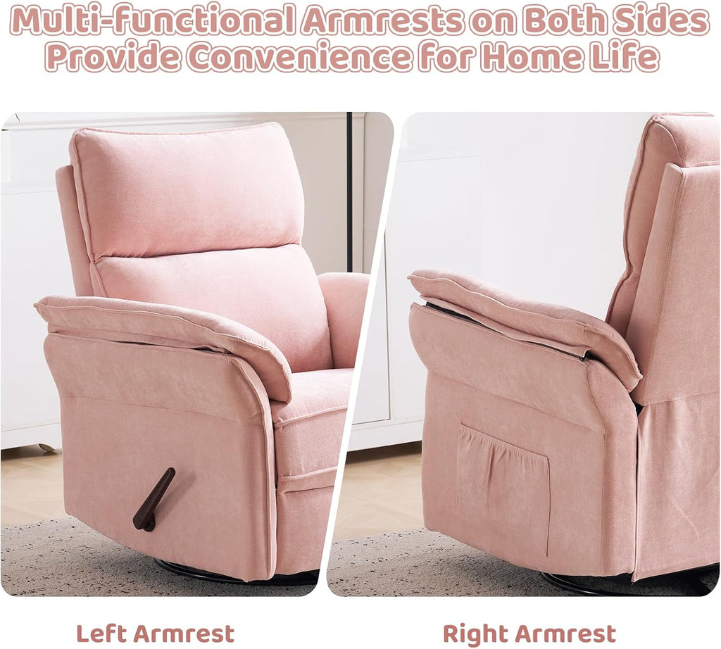 Swivel Rocker Recliner with Adjustable Headrest,Upholstered Glider Rocker Recliner with Overstuffed Armrest,Manual Recliner Nursery Chair for Living Room,Pink