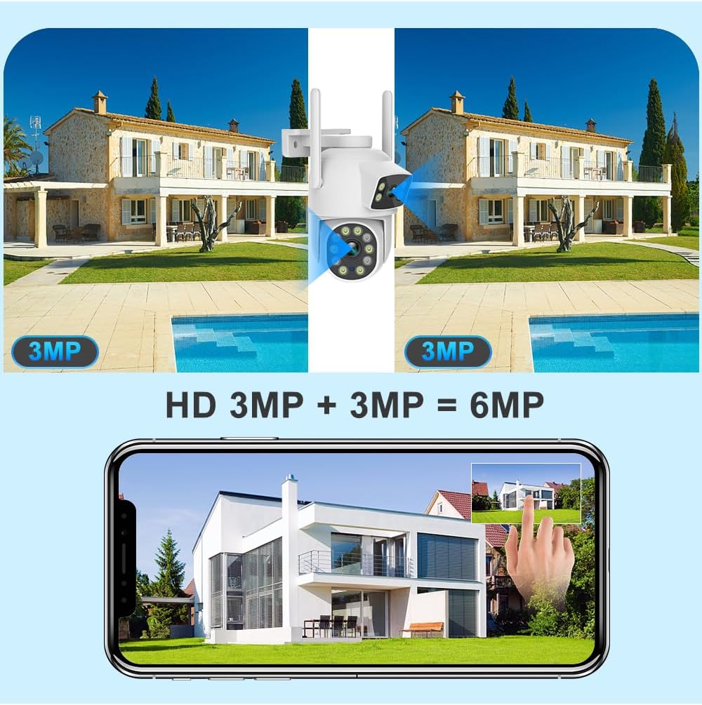 EVERSECU Dual Lens Linkage 6MP WiFi PTZ Security Camera Outdoor, 360° View, Auto Tracking, Motion Detection, Color Night Vision, 2-Way Audio, Compatible with Alexa(4pack)