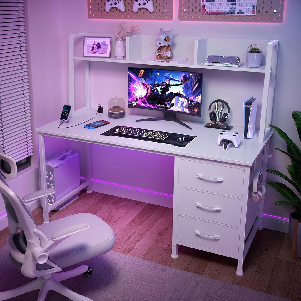 DLisiting White Computer Desk with Hutch & Drawers - 47 Inch Modern Study Writing Office Desk with 3 Storage Drawers and Power Outlets for Bedroom Home Office