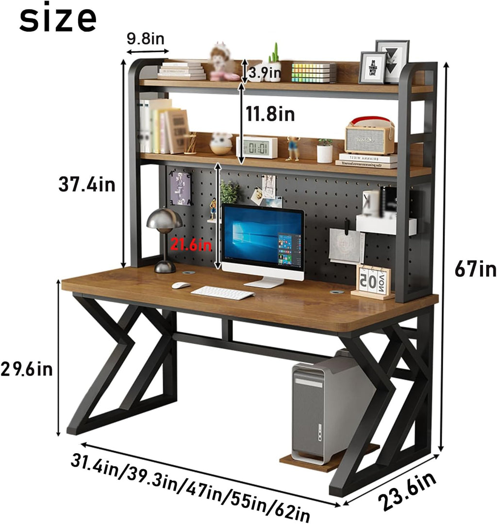 31.4in Gaming Desk with Bookshelf Combo, Computer Desk with Pegboard, Large Writing Table with Desktop Shelves, Ample Leg Room, for Home Office (Brown, 31.4in)