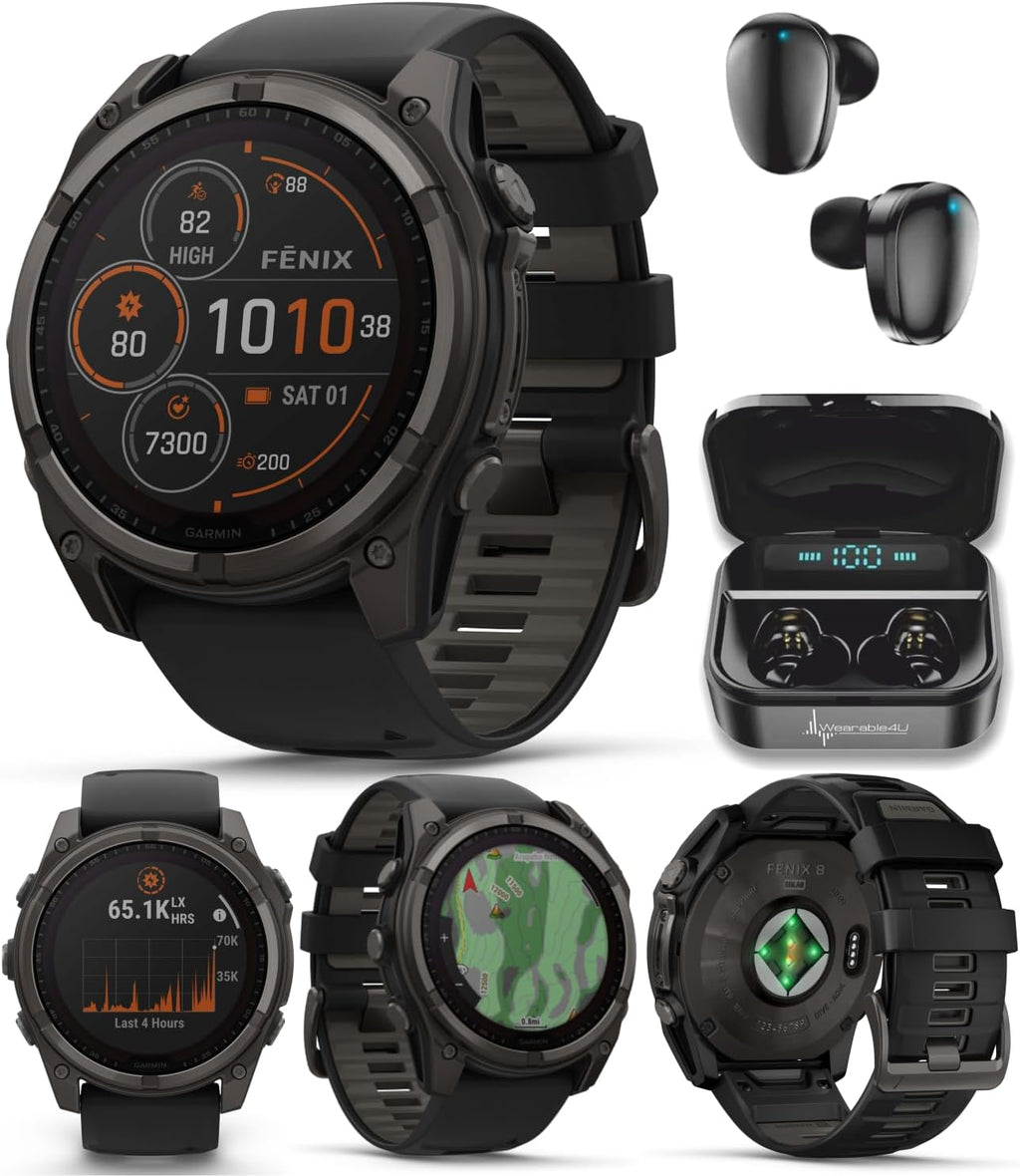 Garmin Fenix 8 – 51 mm, Solar, Sapphire, Carbon Gray DLC Titanium GPS Multisport Smartwatch with Black/Pebble Gray Silicone Black Earbuds Bundle