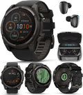 Garmin Fenix 8 – 51 mm, Solar, Sapphire, Carbon Gray DLC Titanium GPS Multisport Smartwatch with Black/Pebble Gray Silicone Black Earbuds Bundle
