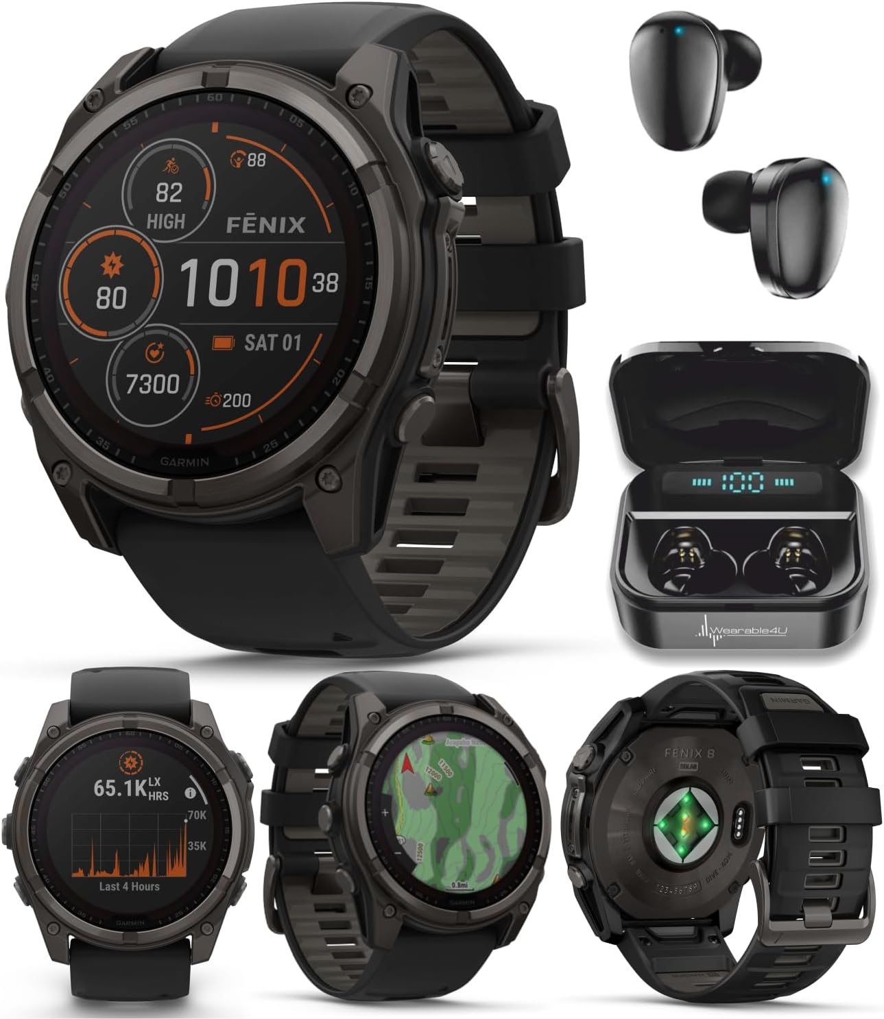 Garmin Fenix 8 – 51 mm, Solar, Sapphire, Carbon Gray DLC Titanium GPS Multisport Smartwatch with Black/Pebble Gray Silicone Black Earbuds Bundle