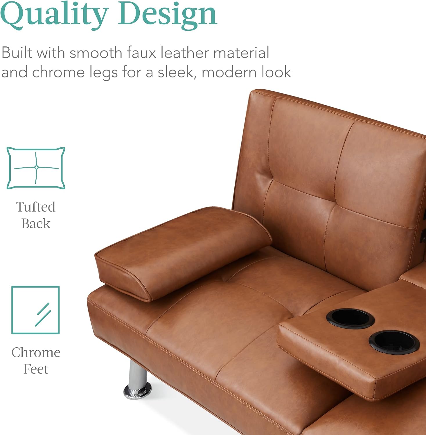 Best Choice Products Faux Leather Upholstered Modern Convertible Futon, Adjustable Folding Sofa Bed, Guest Bed w/Removable Armrests - Tan