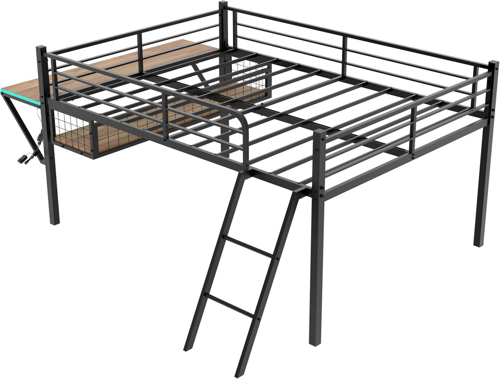 Linique Full Size Gaming Loft Bed with Desk, LED, Charging Station and Staircase, Metal Bed Frame with Vented Mesh Undercarriage Storage, Black + Light Brown