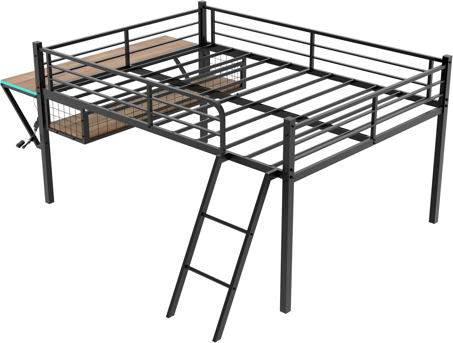 Linique Full Size Gaming Loft Bed with Desk, LED, Charging Station and Staircase, Metal Bed Frame with Vented Mesh Undercarriage Storage, Black + Light Brown