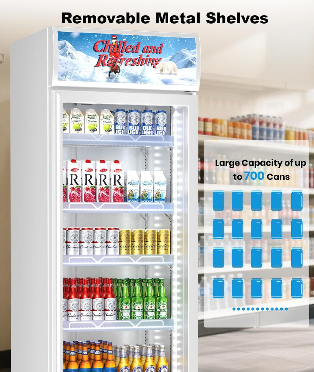 Tylza Commercial Refrigerator with Glass Door Display Beverage Fridge, 13.52 Cu Ft Upright Beverage Cooler Merchandiser with Rebound Door, Fast Cooling, Low Noise, White