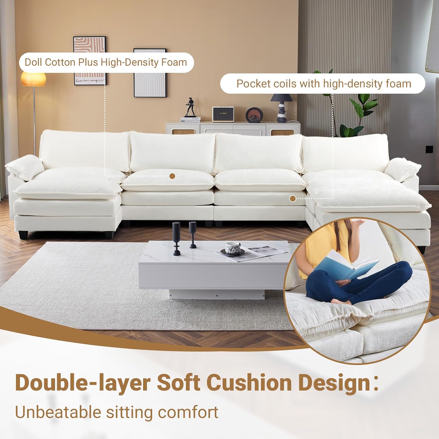 VINGLI 157' Cloud White/Cream Convertible Sectional Sofa, Comfy U-Shape Extra Deep Seat Sofa Couch for Living Room,Modern Chenille 4-Seat Convertible Sofa with 3 Movable Ottomans for Small Space