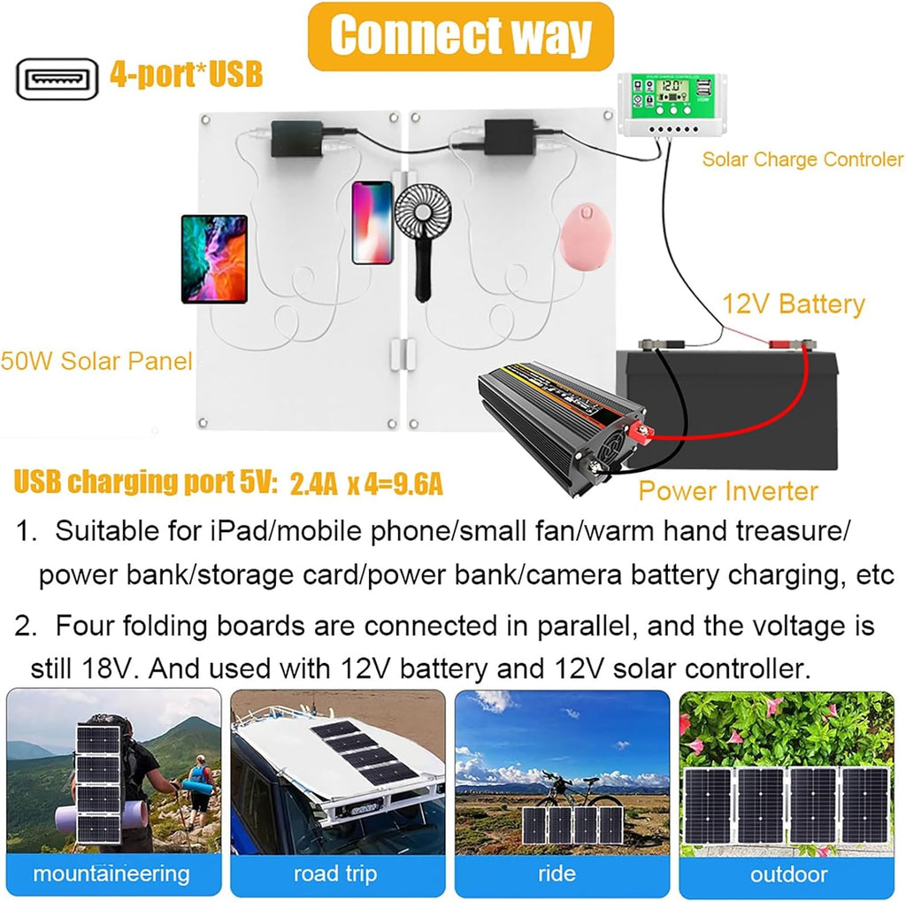 3000W Solar Inverter System Kit with 50W Waterproof Foldable Solar Panel 50 A Solar Charge Controller Complete Power Kit with 2 USB Ports 1 Outlet Home Grid System(Black,12v-110v)