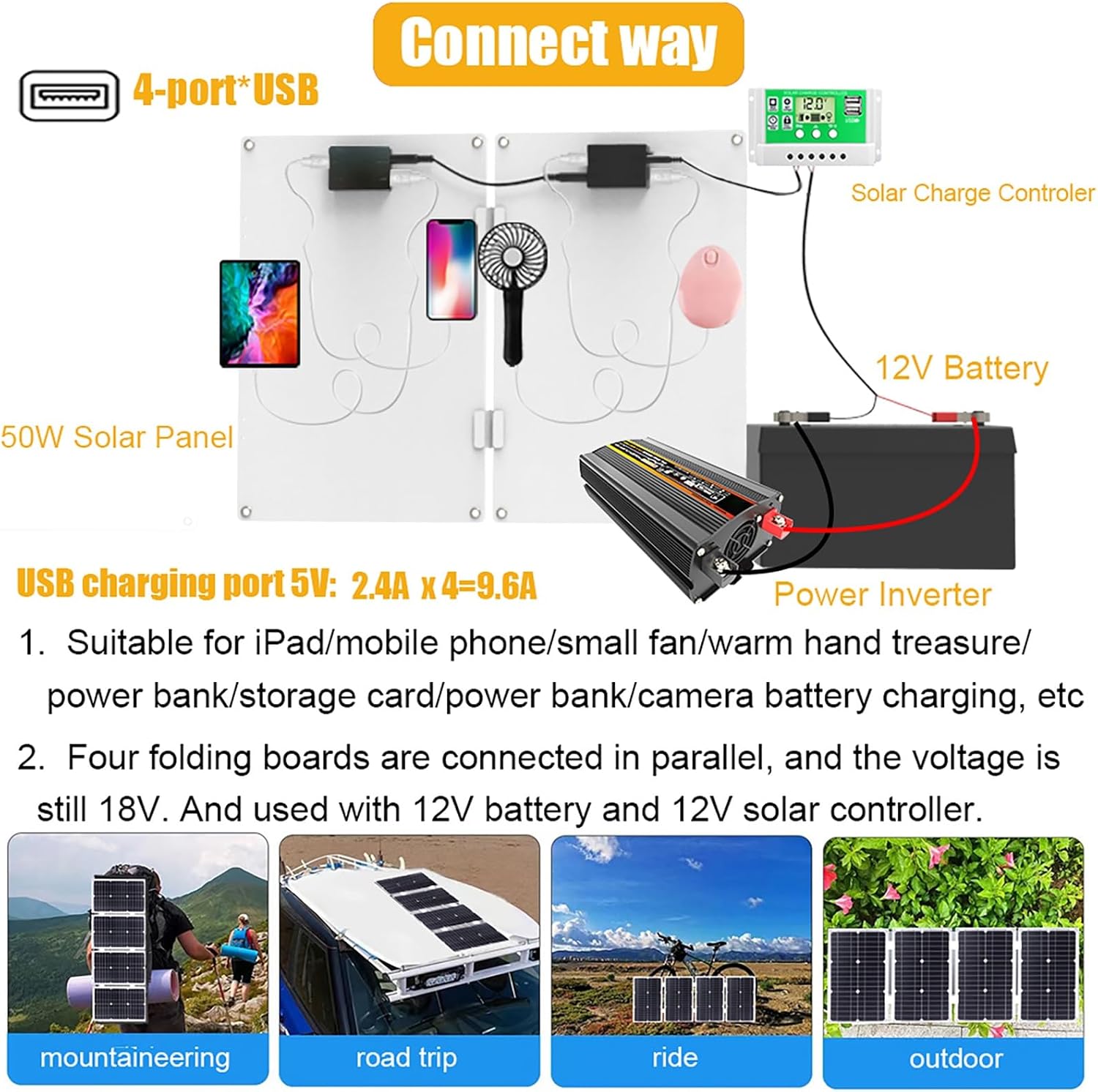 3000W Solar Inverter System Kit with 50W Waterproof Foldable Solar Panel 50 A Solar Charge Controller Complete Power Kit with 2 USB Ports 1 Outlet Home Grid System(Black,12v-110v)