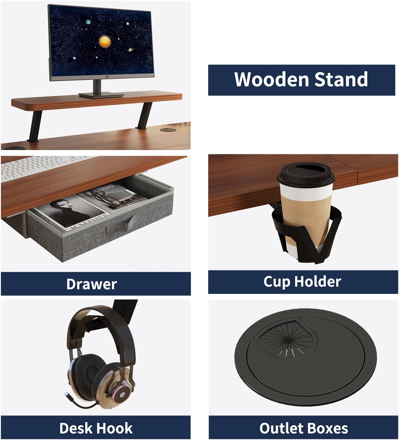 L Shape Standing Desk with Drawer, 63x47 Inches Height Adjustable Sit Stand Up Desk with Storage Shelf, Home Office Desk Computer Workstation with Walnut Top/Black Frame