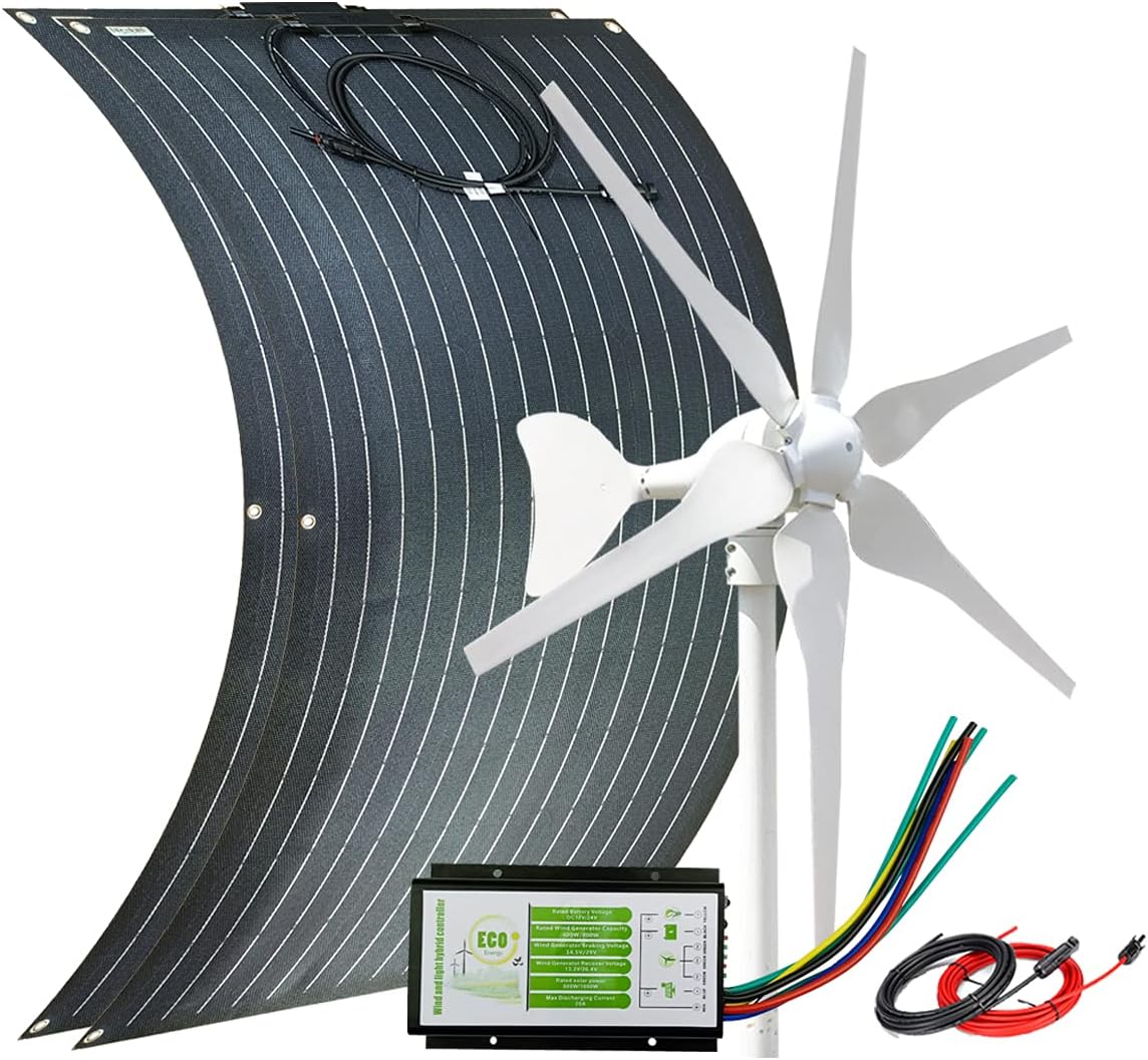 600 Watts Wind Solar Powered Kit - 200W ETFE Flexible Monocrystalline Solar Panel for RV Boat Truck + 400W 24V Wind Turbine Generator + Hybrid Controller + Solar Extension Cable