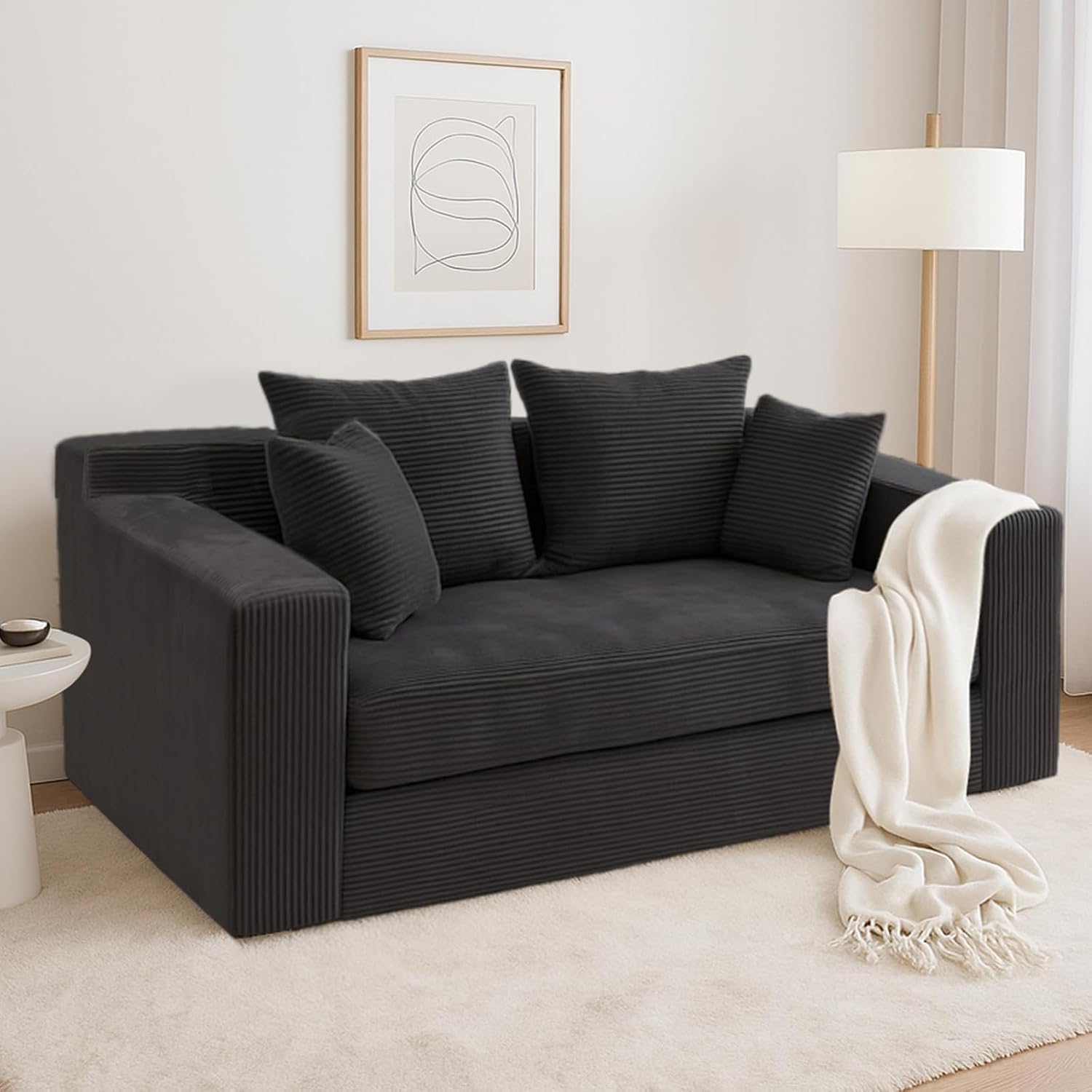 cidludto Convertible Sofa Bed, Boneless Loveseat Folding Couch Bed Foldable - 3 in 1 Small Ccouch & Futon Sofa Sleeper, Corduroy Pull Out Couch with 4 Pillows for Living Room, Black
