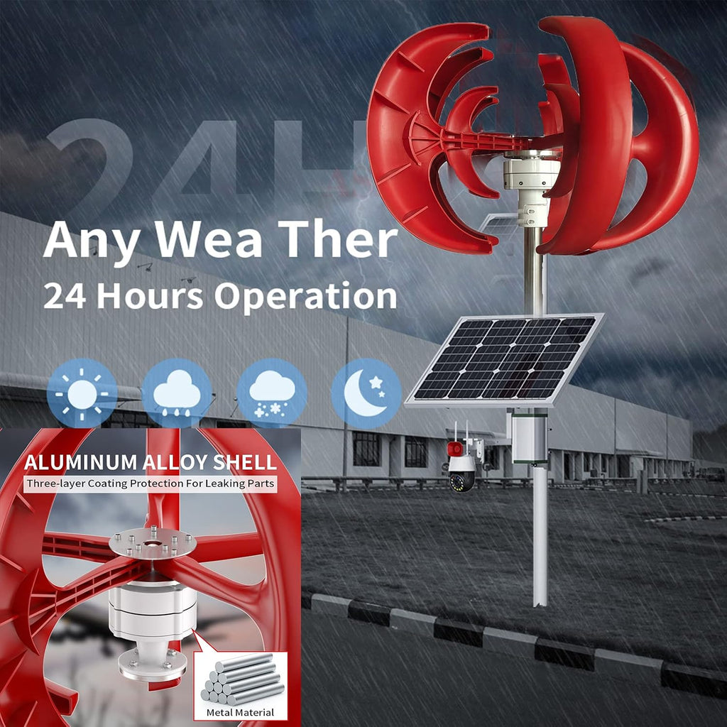 3000W Vertical Axis Wind Turbine Generator Low Noise Low Start Wind Speed 12V 24V 48V Windmill Off Grid System with MPPT Charger(Red)