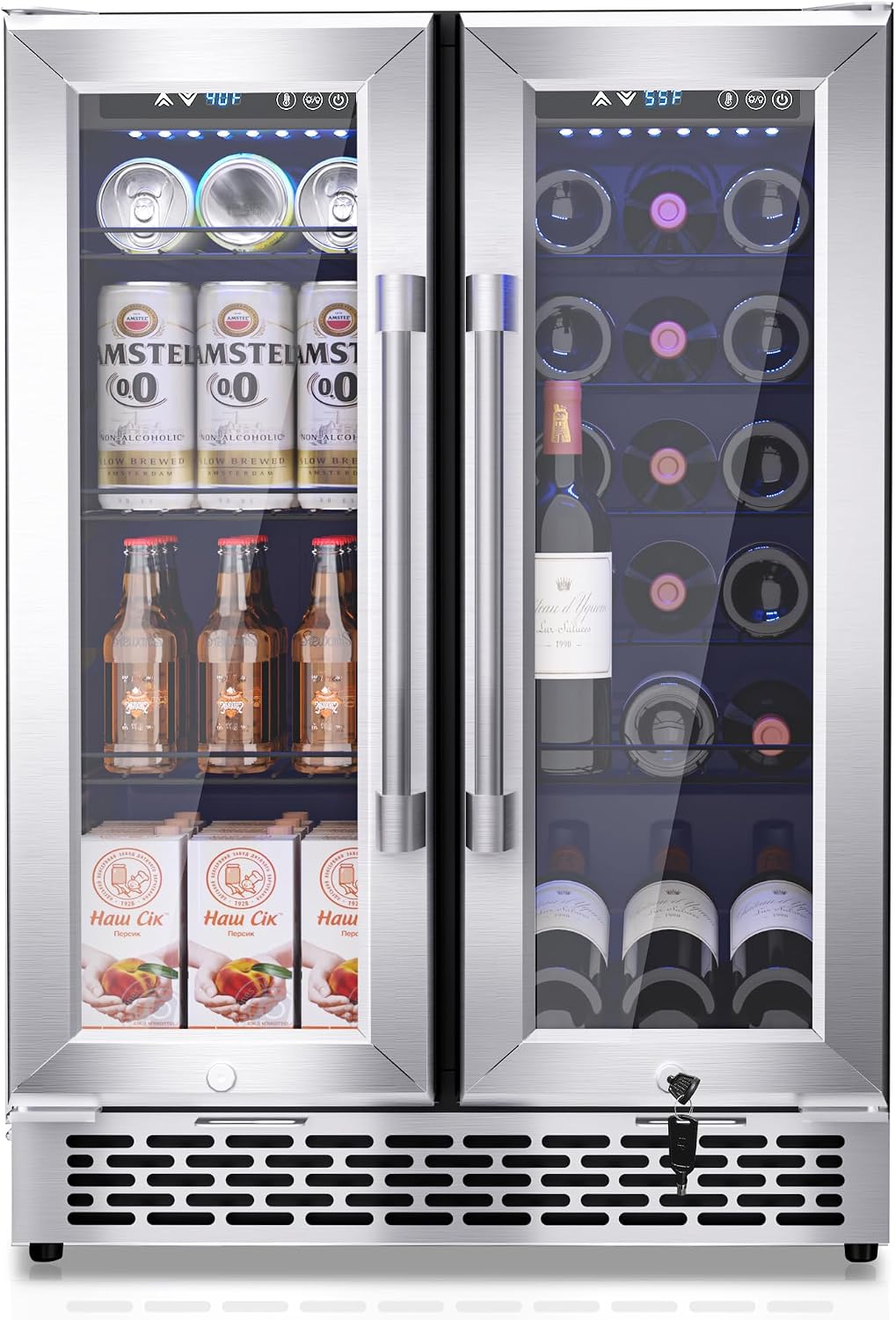 Under Counter Beverage Refrigerator – 160 Can & 20 Bottle Capacity, Dual Zone Built-In Beverage Cooler with Glass Door and Quiet Advanced Cooling System, Ideal for Beer, Wine, Soda