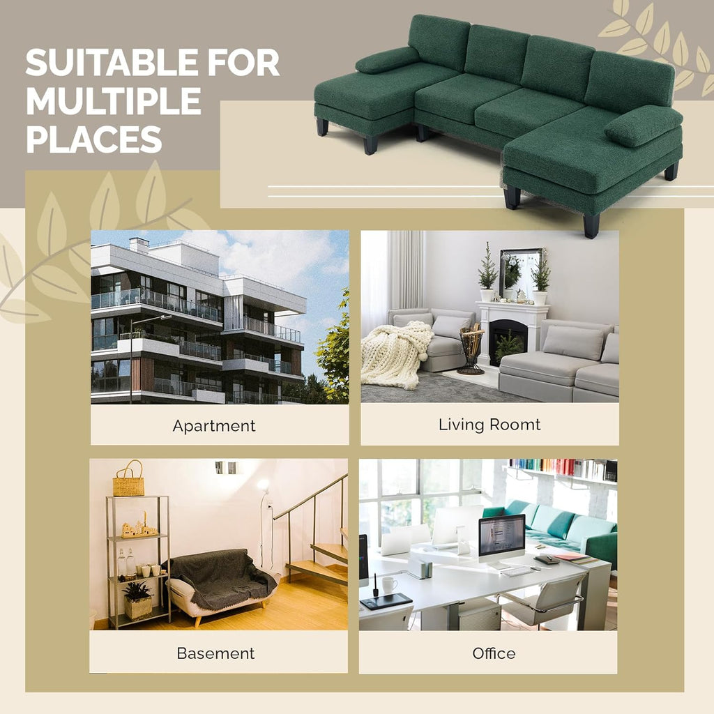VINGLI 110' U-Shaped Sectional Couch with Two Chaise, Affordable Small Sofa with 4 Seats, Chenille Fabric Comfy Couches for Living Room, Dark Green
