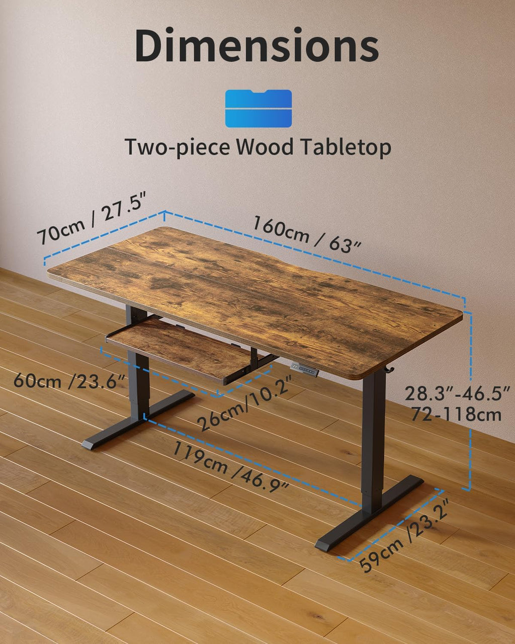 FEZIBO Standing Desk with Keyboard Tray, 60 x 24 Inch Adjustable Height Sit Stand Desk with Memory Presets for Home Office, Ergonomic Computer Workstation, Rustic Brown