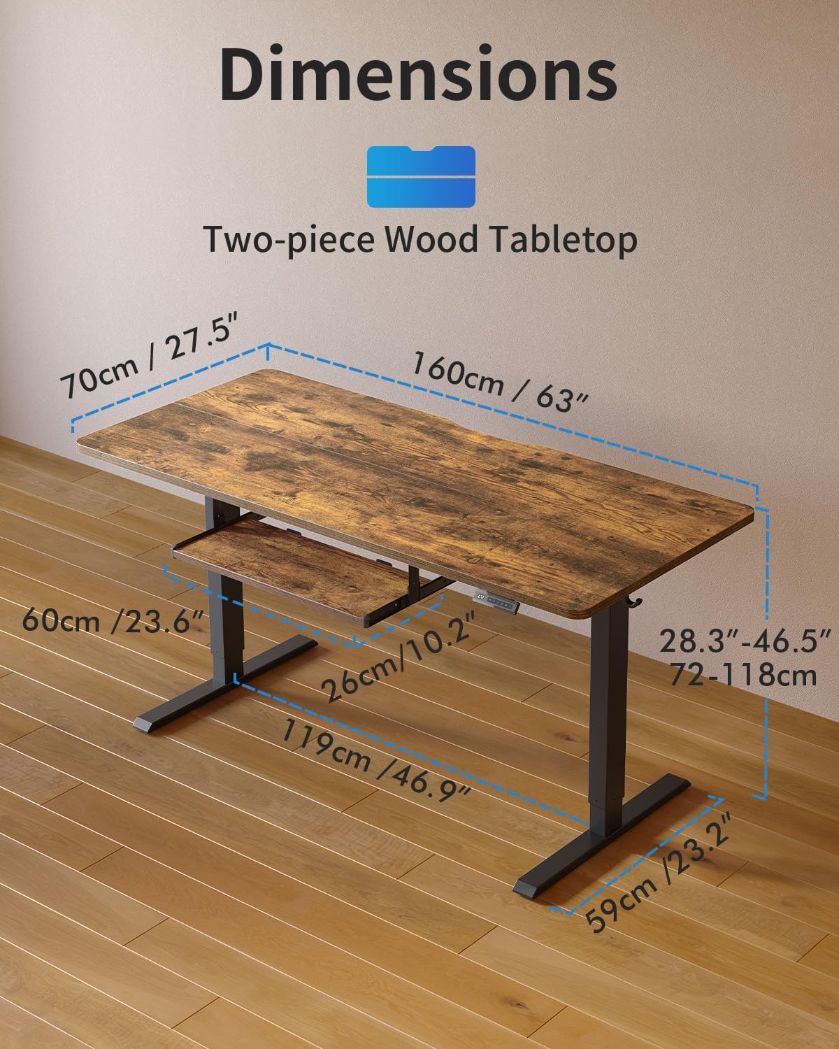 FEZIBO Standing Desk with Keyboard Tray, 60 x 24 Inch Adjustable Height Sit Stand Desk with Memory Presets for Home Office, Ergonomic Computer Workstation, Rustic Brown