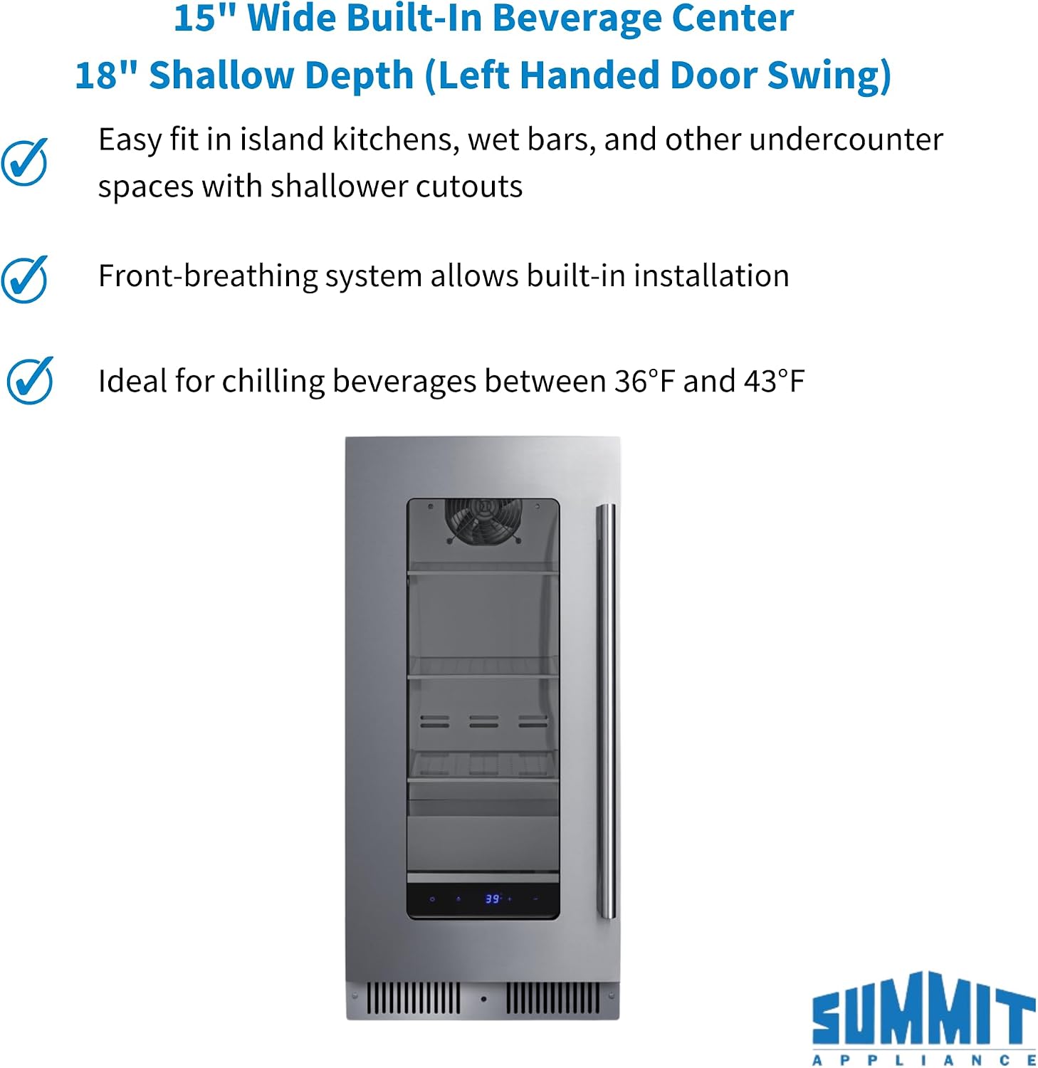 Summit 15' Built-In Beverage Center, Shallow 18' Depth Refrigerator, Commercial Approved, Stainless Steel - SDHG1533LHD (Left Handed Door Swing)
