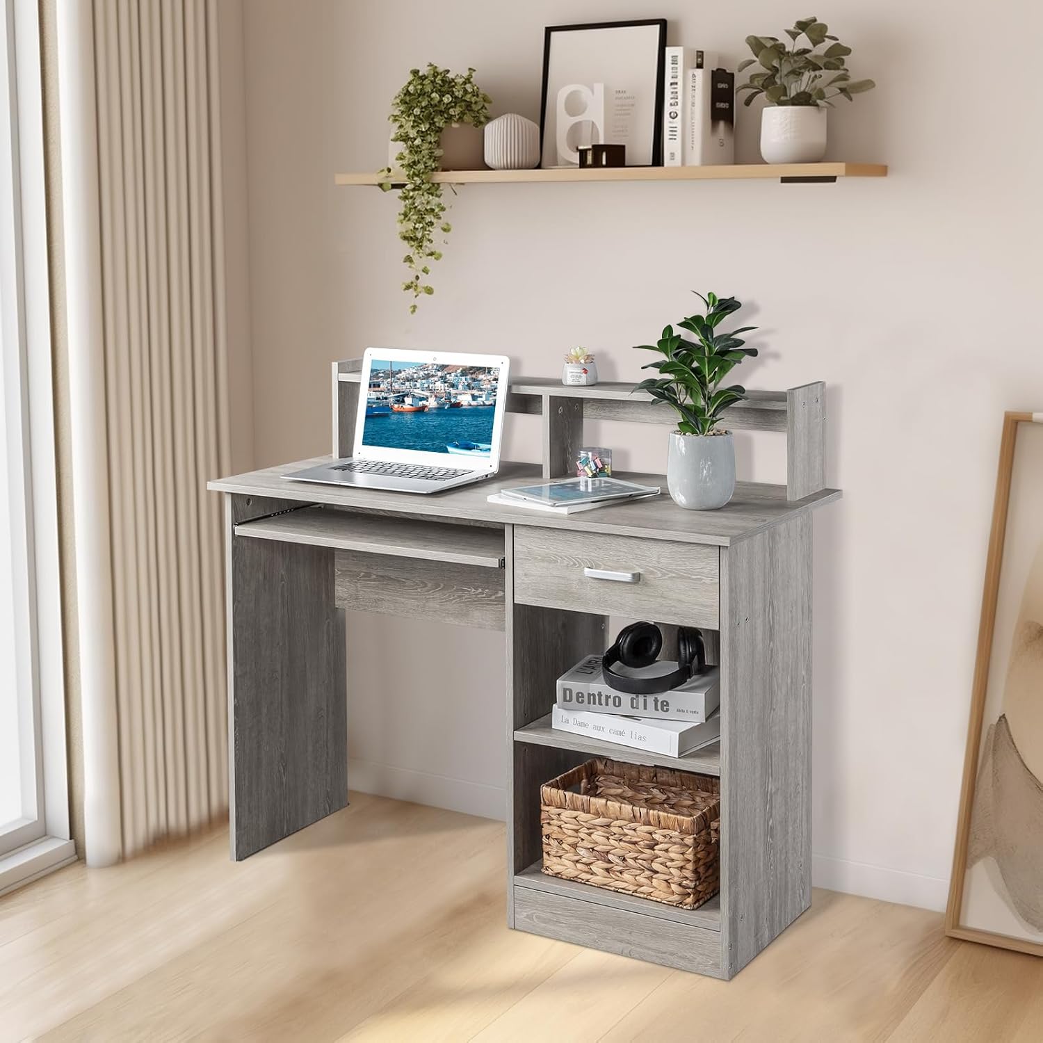 Karl home Computer Desk Study Writing Desk, Wooden Home Office Workstation PC Laptop Table with Drawer Shelf Keyboard Tray, Grey