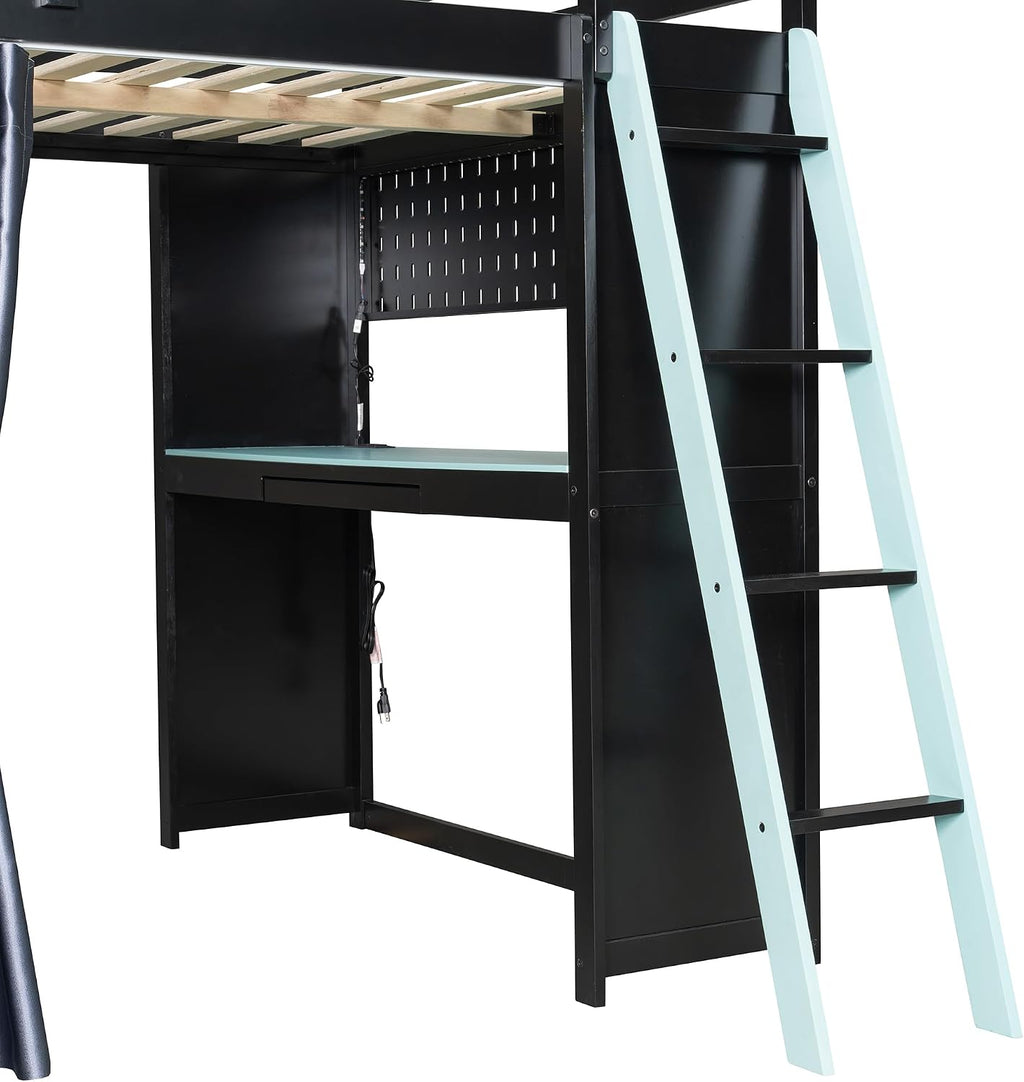 Full Gaming Loft Bed with Wardrobe & Desk & Charging Station & RGB Light,Esports Wood Loft Bed Frame with Storage Shelves,Curtains and DIY Pegboard,Space Saving,No Box Spring Needed,Black Blue