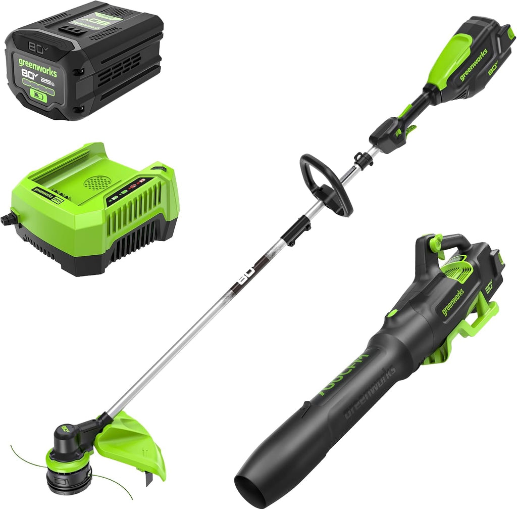 Greenworks 80V 16' Brushless Cordless String Trimmer and 700 CFM Leaf Blower Combo Kit, 2.5Ah Battery and Charger Included