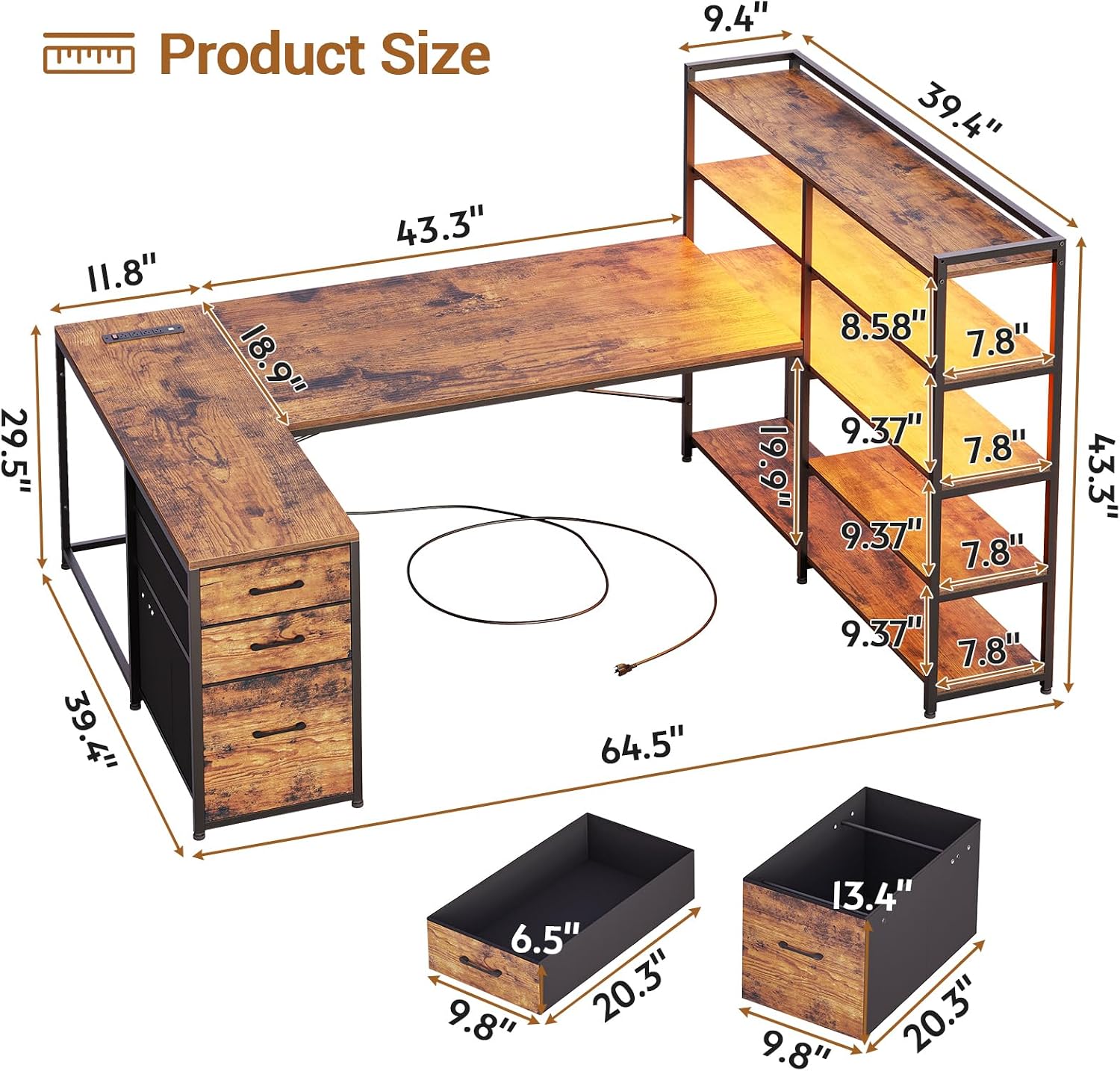 SEDETA L Shaped Desk with Storage Shelves, 64.5' Reversible U Shaped Office Desk with 3 Fabric Drawers, Gaming Desk with Power Outlet & LED Strip for Home Office, Rustic Brown