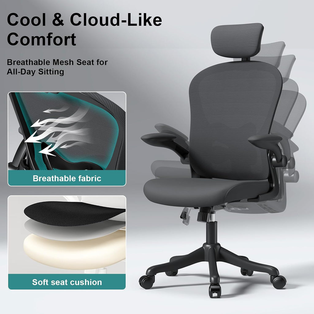 Mesh Office Chair with Adjustable Lumbar Support and Headrest, Ergonomic High Back Task Chair for Home Office, Flip-Up Arms 90-120° Tilt Lock Rolling Swivel Work Chairs(Black6065)