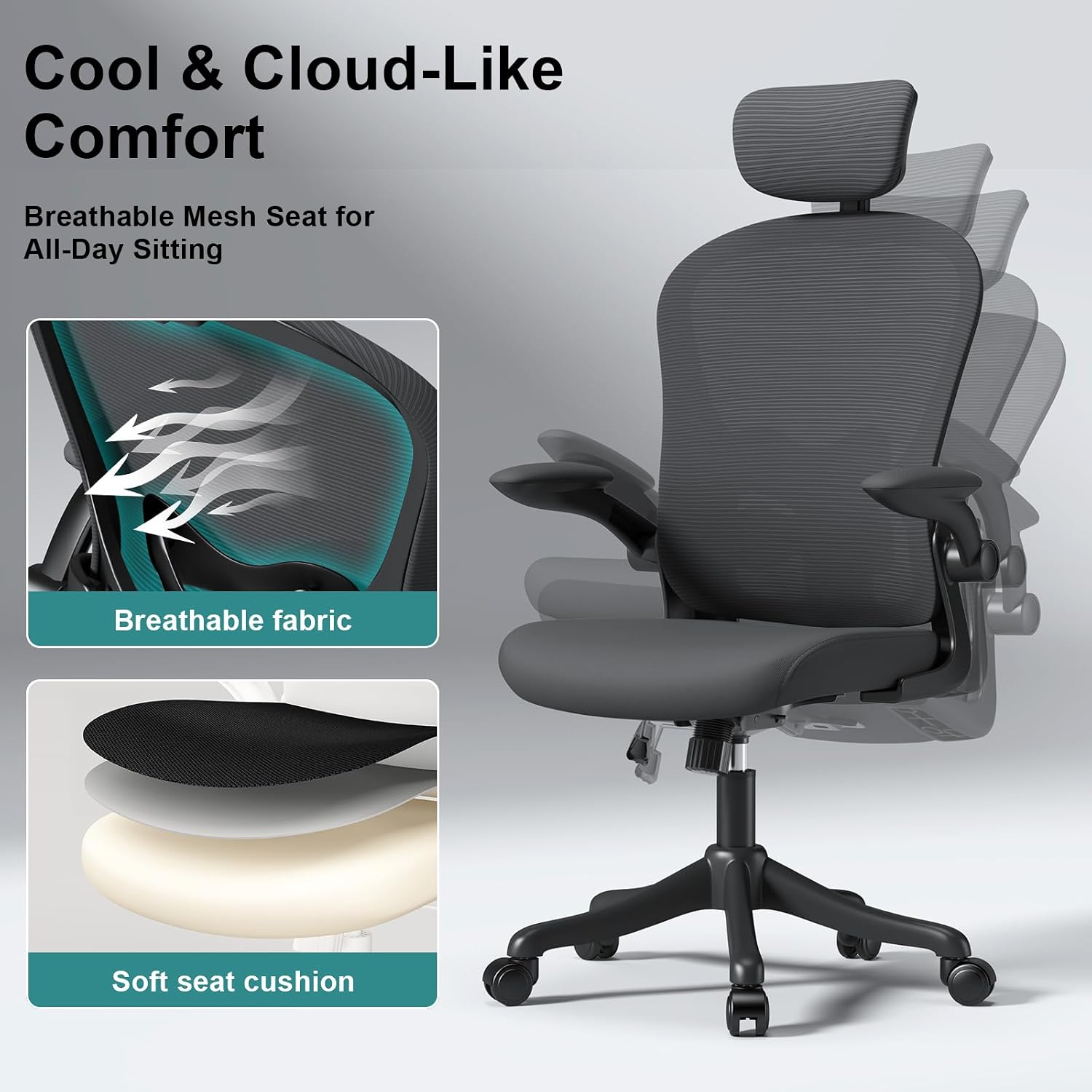 Mesh Office Chair with Adjustable Lumbar Support and Headrest, Ergonomic High Back Task Chair for Home Office, Flip-Up Arms 90-120° Tilt Lock Rolling Swivel Work Chairs(Black6065)