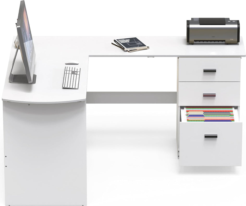 SHW 51 x 59 Inches L-Shaped Home Office Wood Corner Desk with Box Box File Drawers, White