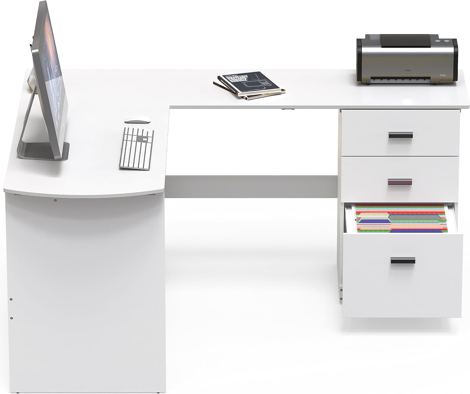 SHW 51 x 59 Inches L-Shaped Home Office Wood Corner Desk with Box Box File Drawers, White