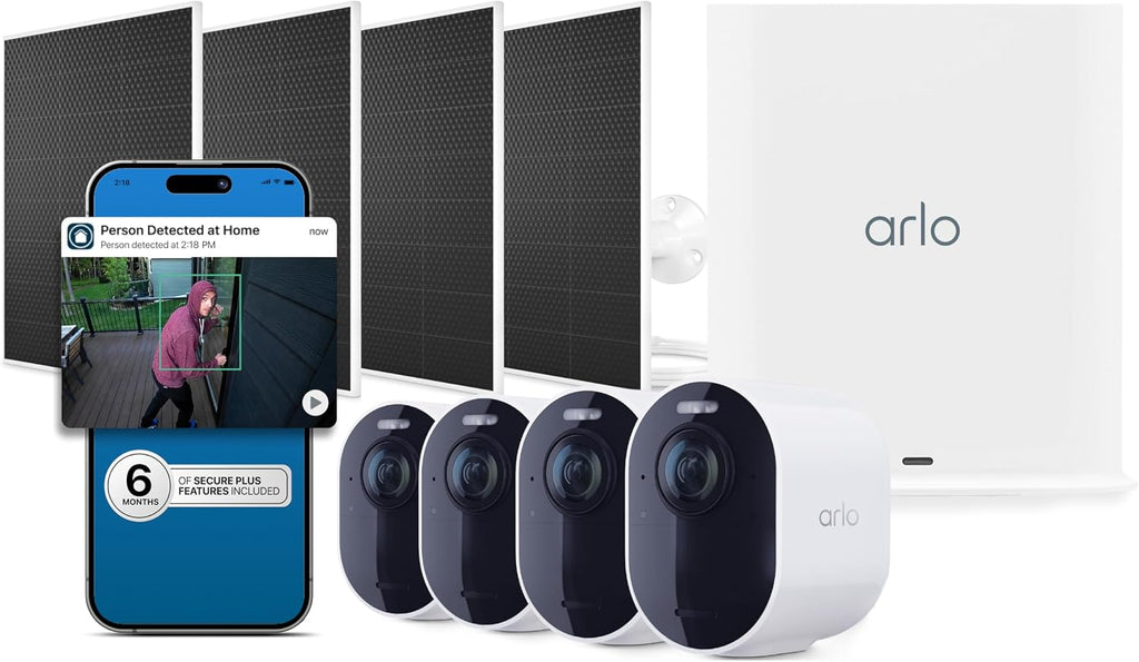 Arlo Ultra Security Camera 4K HDR (3rd Gen, 2025 Release), SmartHub, 4 Cam + 4 Solar Panels + 6 Months of Secure Plus Plan, AI Detection - Person, Vehicle, Package & Animal, 180° Field of View, White