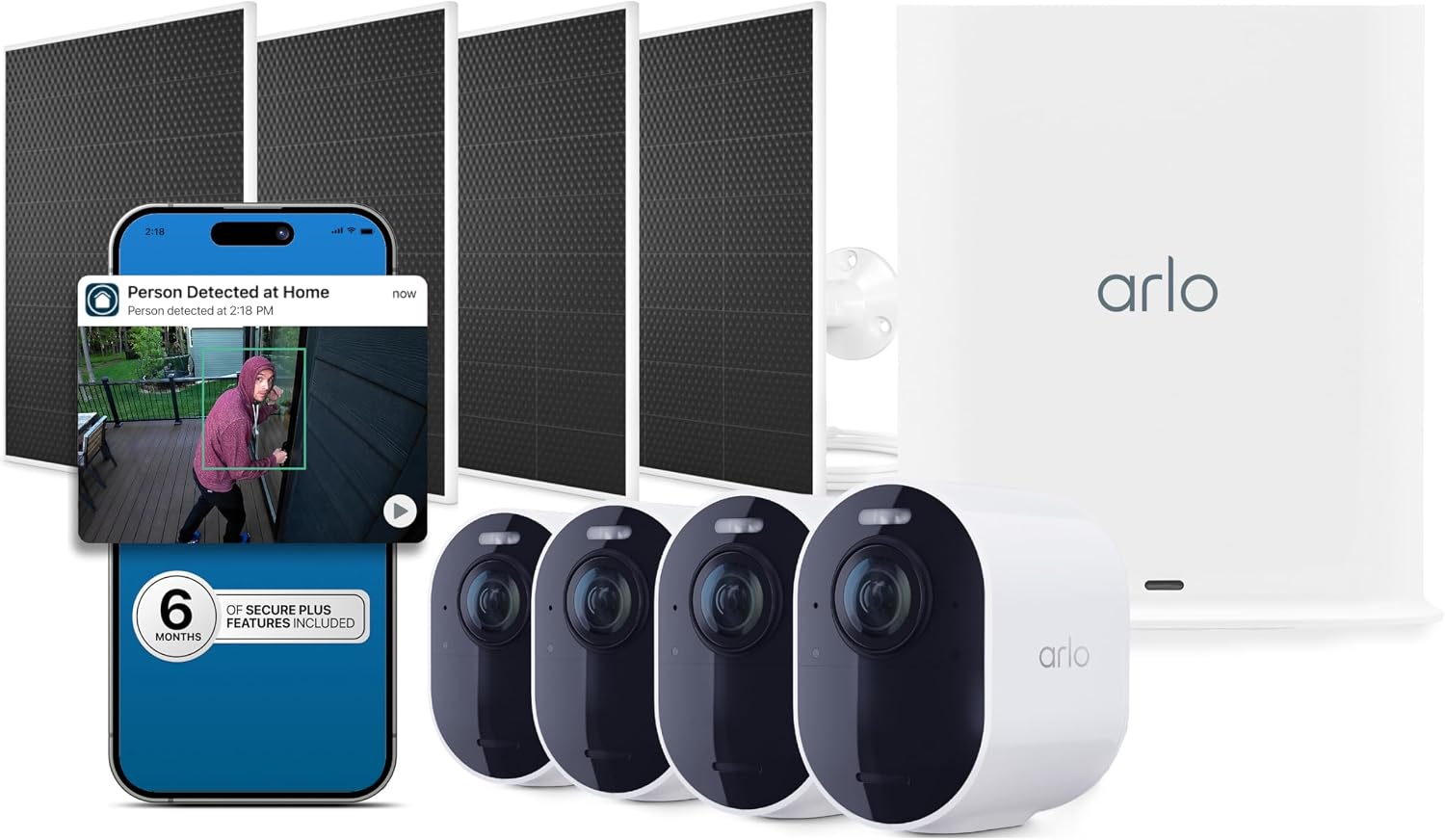 Arlo Ultra Security Camera 4K HDR (3rd Gen, 2025 Release), SmartHub, 4 Cam + 4 Solar Panels + 6 Months of Secure Plus Plan, AI Detection - Person, Vehicle, Package & Animal, 180° Field of View, White