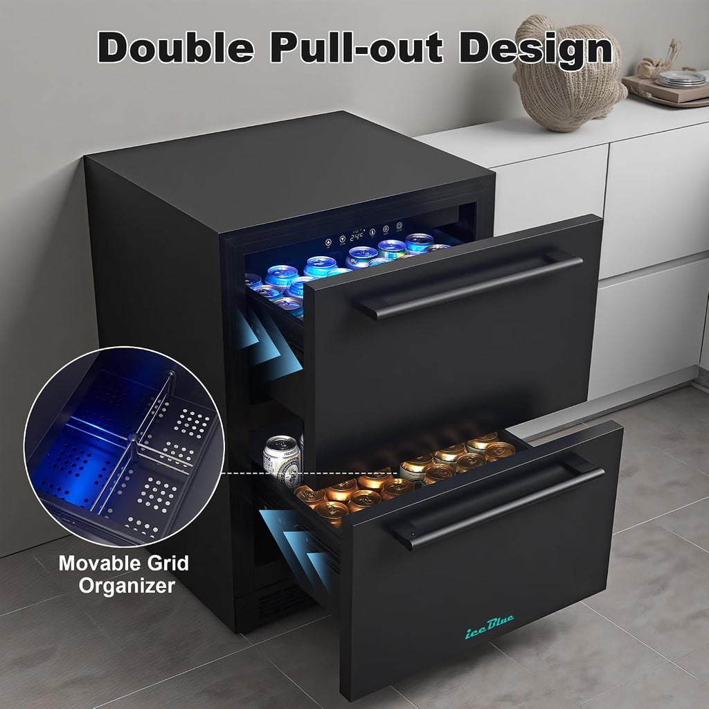 Iceblue Drawer Refrigerator, 24 Inch 5.12Cu.Ft Under Counter Drawer Fridge, Stainless Steel Freestanding Beverage Refrigerator, 34~50℉ Fast Cooling Wine Fridge for Home, Bar, Gift - Black